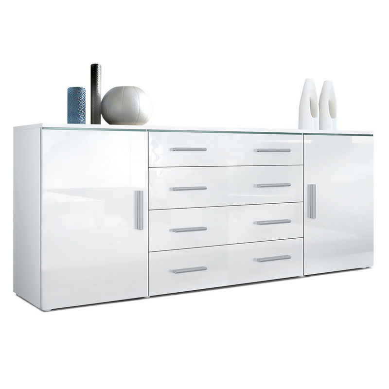 Vladon Sideboard Faro (Kommode, mit 2 Türen und 4 Schubladen), Weiß matt/Weiß Hochglanz (166 x 72 x 35)