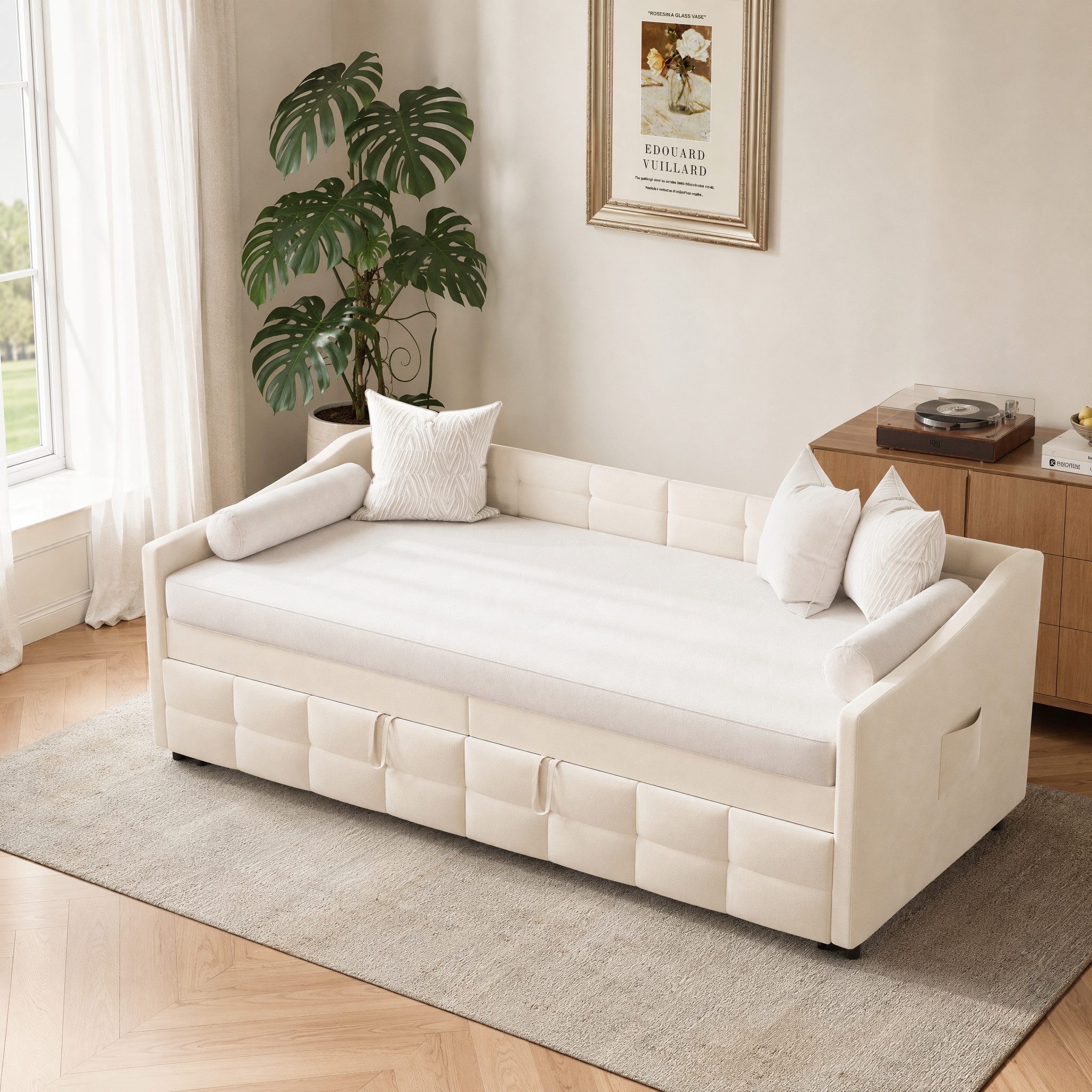 Simurq Daybett Schlafsofa 90x200 mit Unterbett, Ausziehbett, Tagesbett, Gästebett, Polsterbett, Mit Lattenrost, Samt