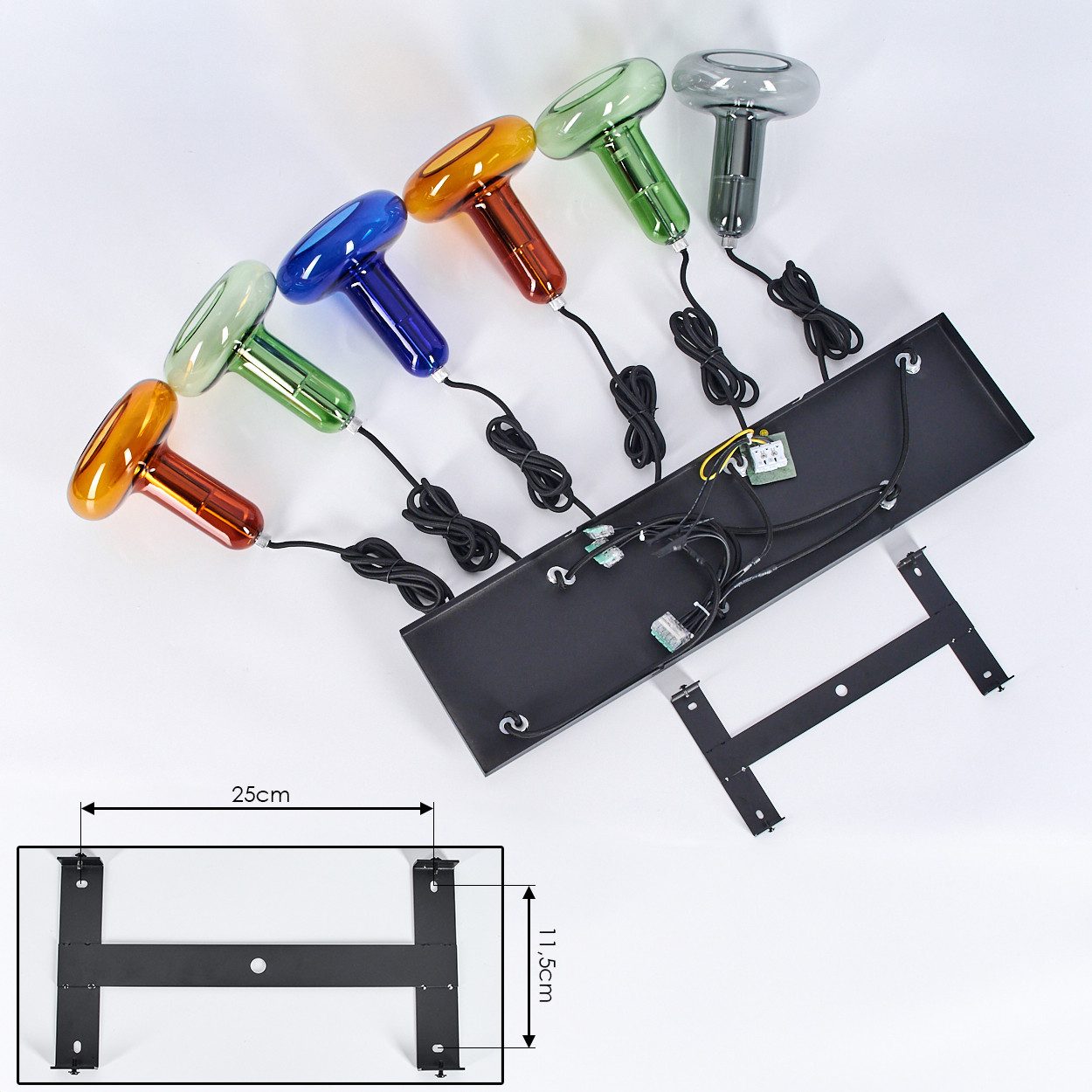 hofstein Pendelleuchte Pendellampe aus Metall/Glas in Schwarz/Bernstein/Rauch/Grün, ohne Leuchtmittel, Glasschirme (15cm), Höhe max. 173cm, 6x E14, ohne Leuchtmittel