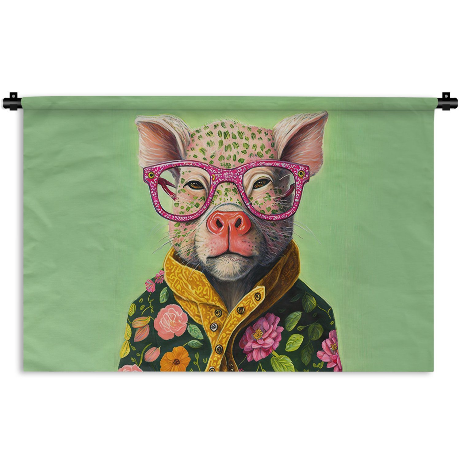 Schwein Wanddeko Brille Blumen - Kinderzimmer Tier, Wohnzimmer, - Rosa für - Schlafzimmer, MuchoWow Kleid, Wandbehang, - Wanddekoobjekt