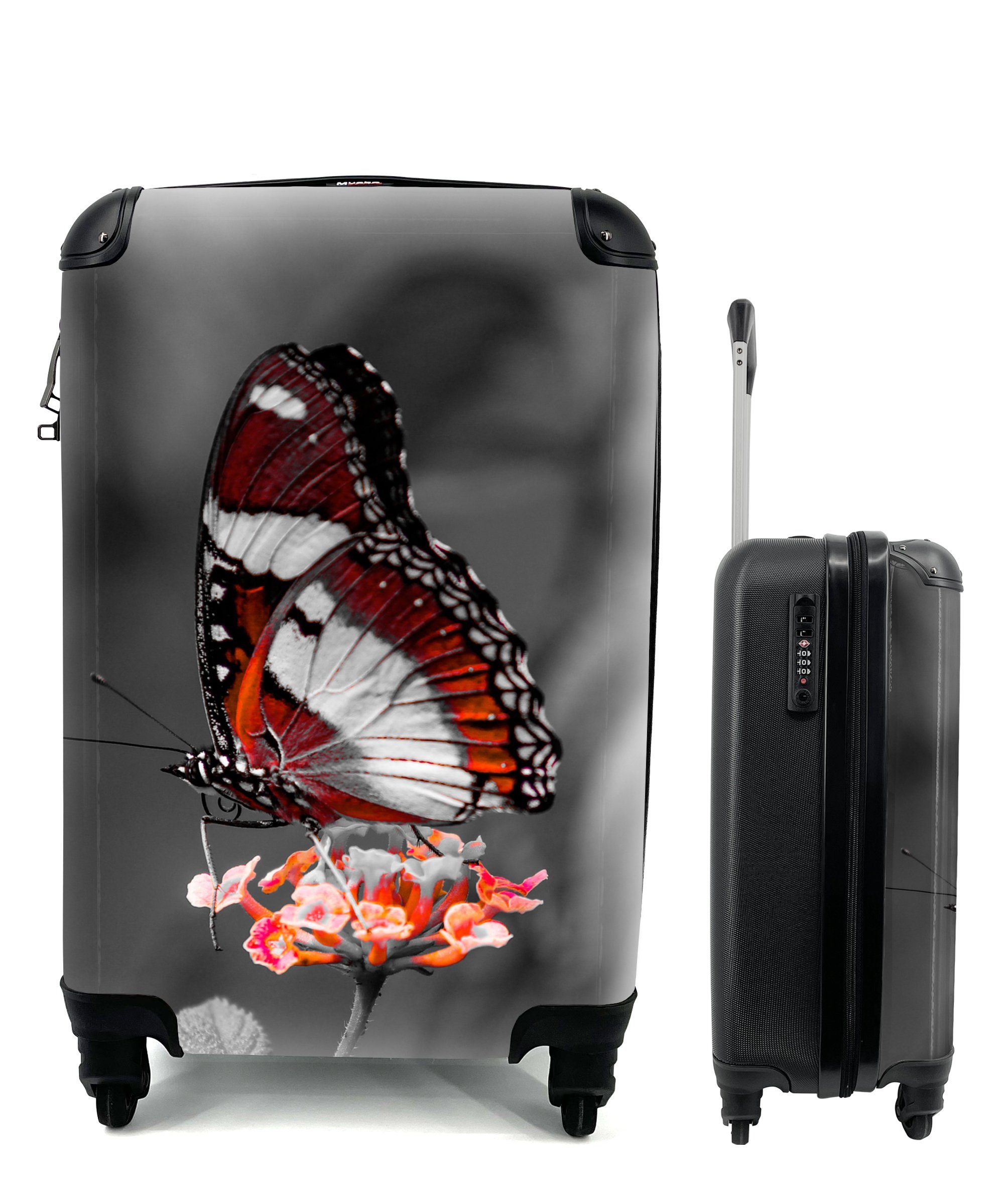 Reisetasche Trolley, für Orange, Schmetterling Schwarz Handgepäckkoffer Ferien, mit - Handgepäck rollen, - - 4 Rollen, Blumen Tiere - MuchoWow weiß Reisekoffer und