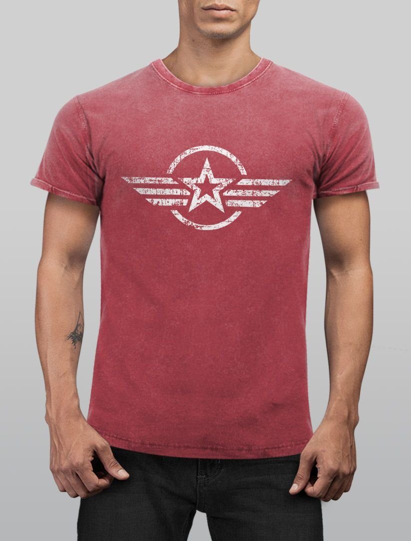Military Aufdruck Army Neverless Shirt Slim Print Look Used mit Printshirt Vintage Airforce Print-Shirt Herren rot Aufdruck Fit T-Shirt Stern Neverless®