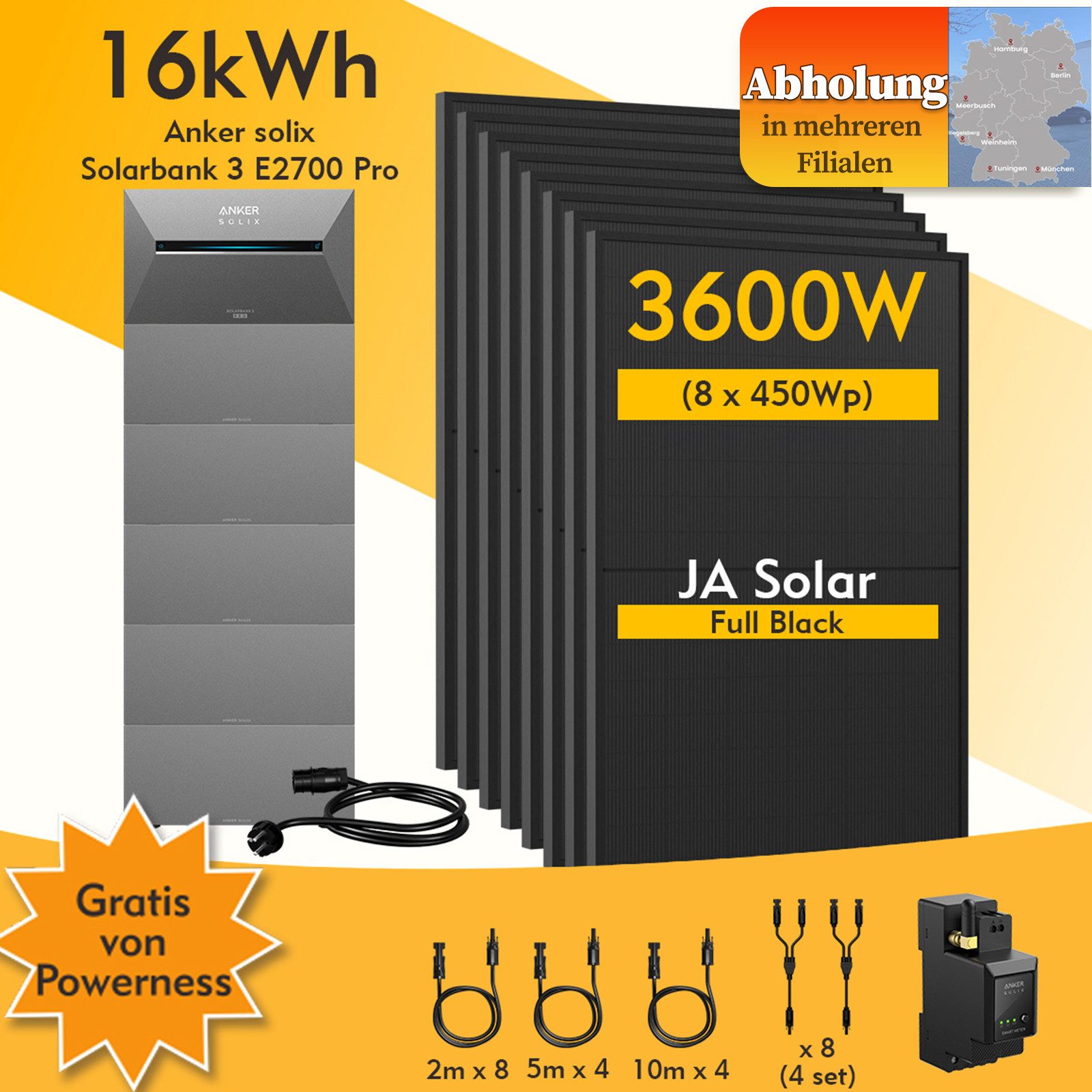 Anker 3600W Komplettset Solaranlage Anker SOLIX 3 E2700 Pro Speicher, (Smart Meter und 8x JASolar 450Wp Full Black im Lieferumfang enthalten), Speicher mit integriertem Wechselrichter, All-in-One 2,668kWh Akku