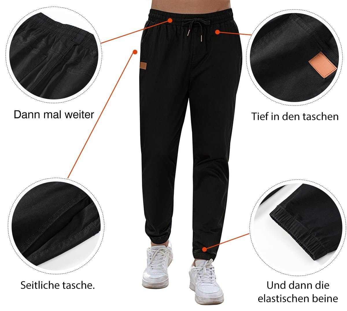 Bund mit elastischem Cargo Herren Cargohose S-XL JMIERR mit Jogginghose Schwarz Chino Elastikbund Hose (Chino) Tunnelzug,