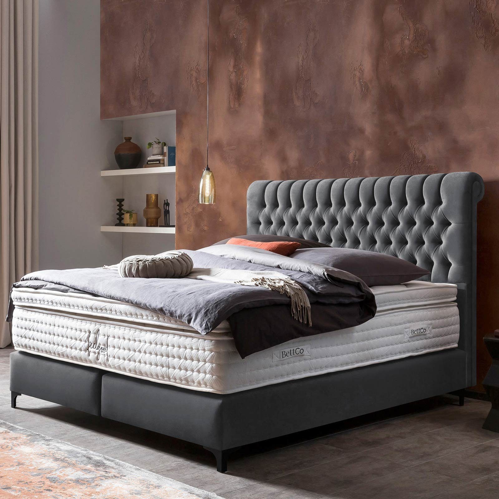 BettCo Boxspringbett Chester (140 x Topper, cm, + Dunkelgrau 200 in optionaler Schwarze Metallfüße Chesterfield-Design Velours)