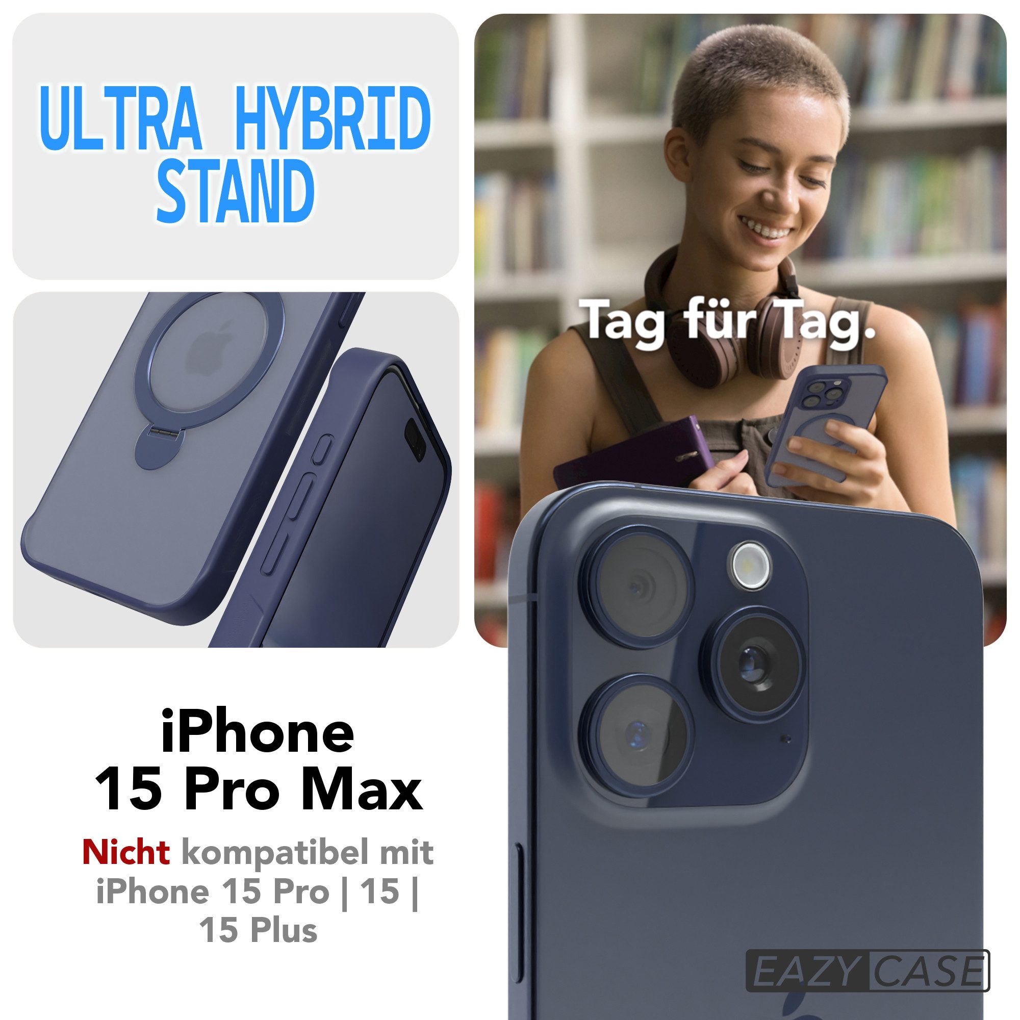 EAZY CASE Handyhülle Outdoor iPhone 15 Pro Max Case MagSafe Ring 6,7 Zoll, Outdoor Handy Hülle Etui Schutzhülle Slim mit Kameraschutz Blau