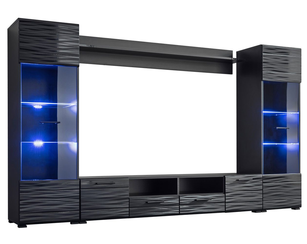 Feldmann-Wohnen Wohnwand Soria, (2 Vitrinen (1-türig), 1 Lowboard, 1 Wandregal, 4-St., moderne Optik, 3D Fronten, Kunststoffgriffe, LED-Beleuchtung), 4-teilig schwarz Sahara Hochglanz 3D Dekor