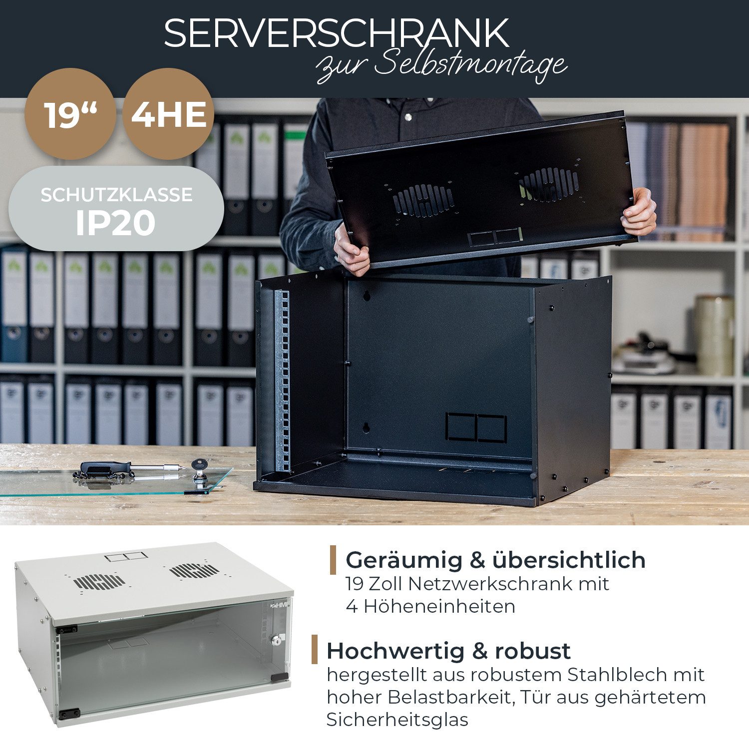 HMF Serverschrank Netzwerkschrank, Serverschrank 19 Zoll, 4 HE, 400 mm Tiefe, Glastür, Lichtgrau