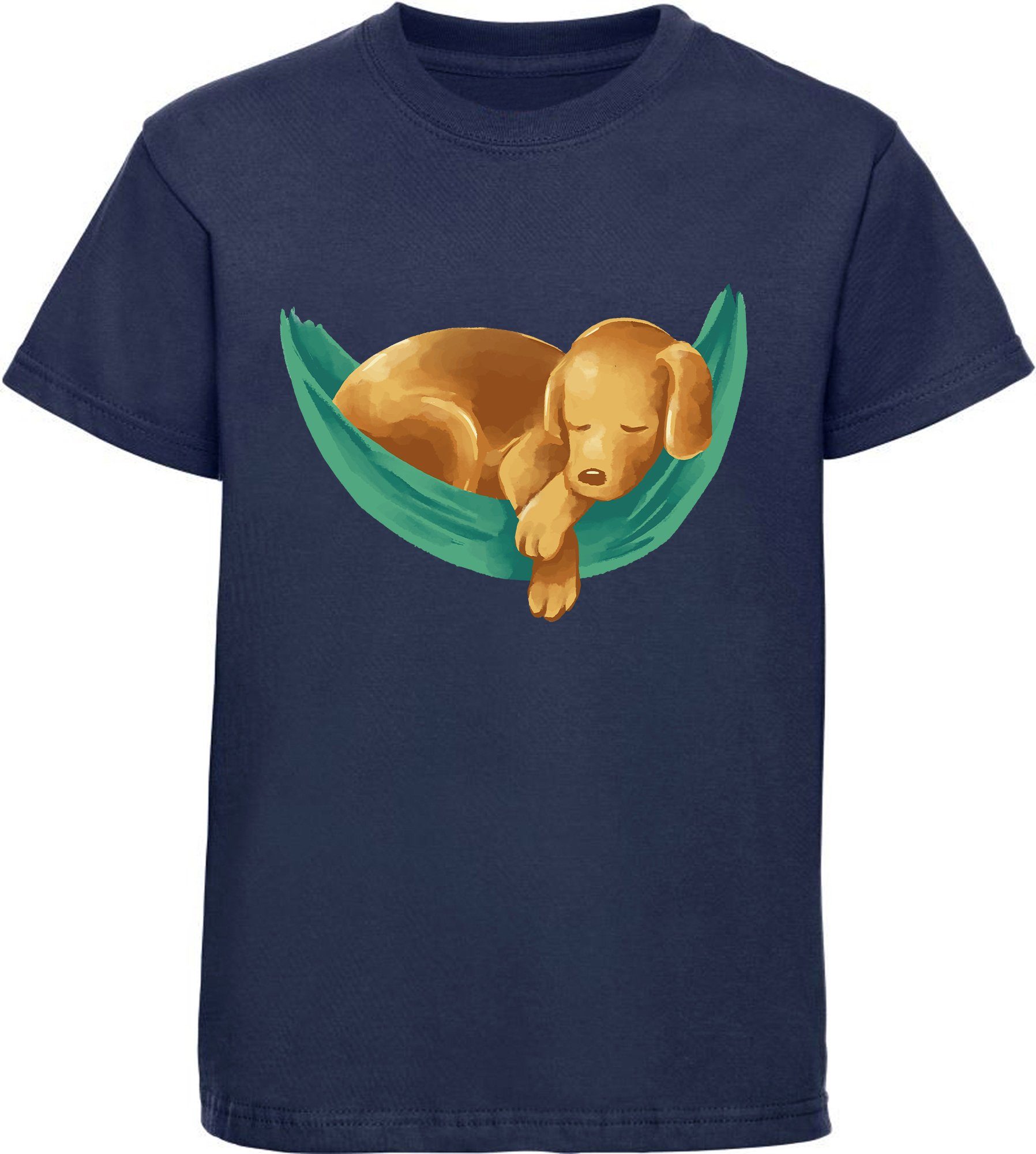 MyDesign24 T-Shirt Kinder Hunde Print Shirt bedruckt - Labrador Welpe in Hängematte Baumwollshirt mit Aufdruck, i245 navy blau | T-Shirts