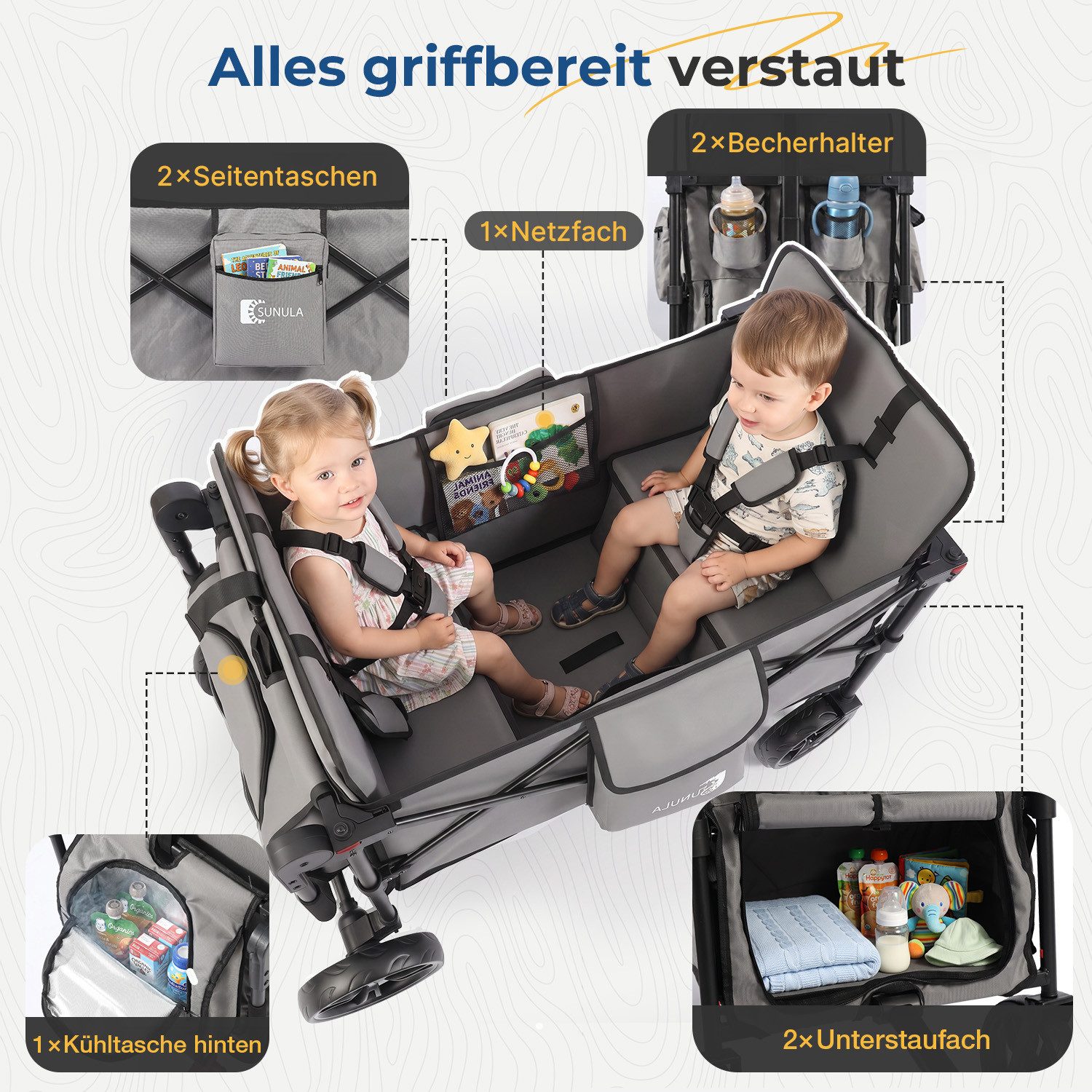 SUNULA Bollerwagen Kinder Bollerwagen für 2 Kinder mit Dach, Schiebe- und Zieh Funktion, Faltbar Kinderwagen mit XXL-Rädern (25/20 cm) und 5-Punkt-Gurtsystem – Bild 5 von 5
