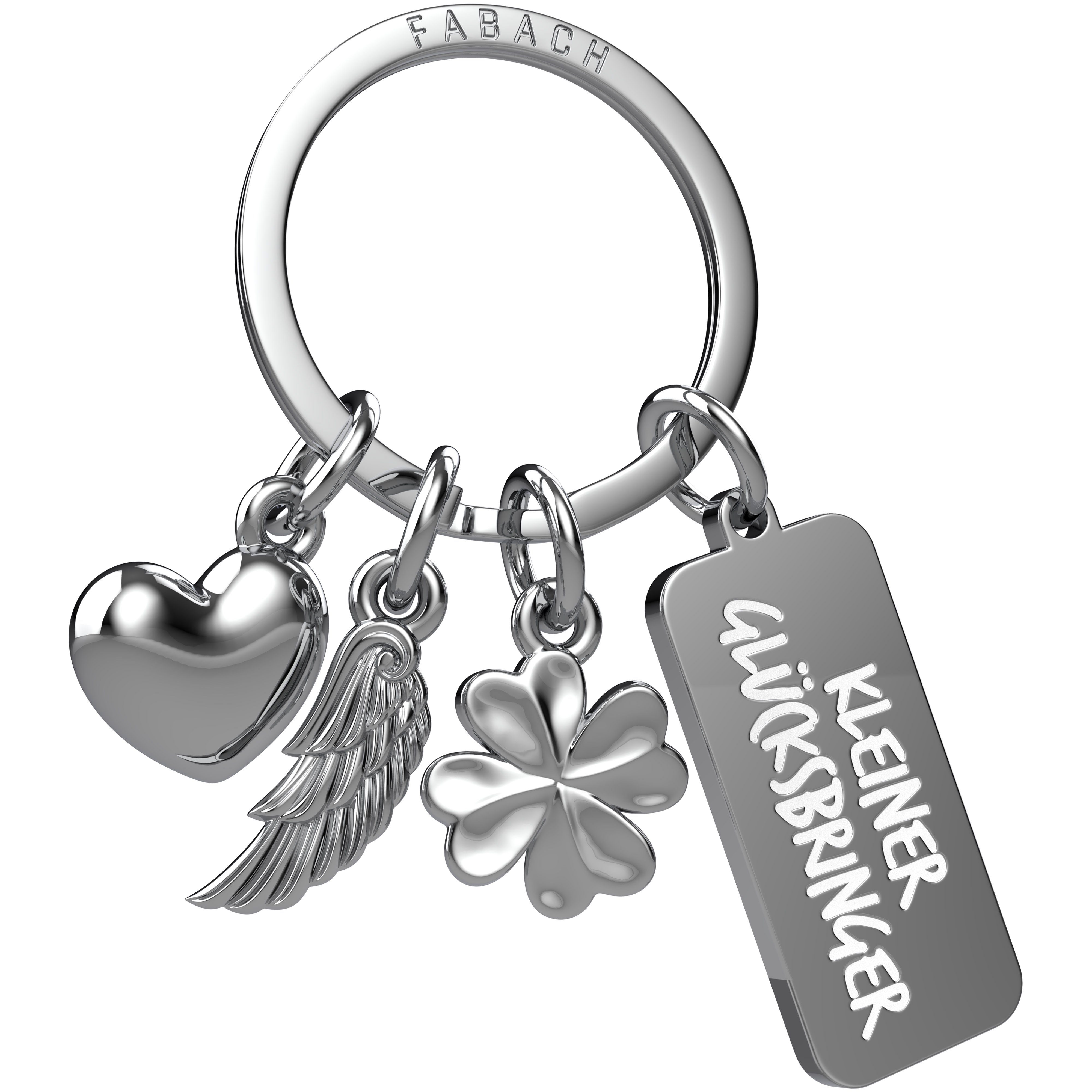 FABACH Schlüsselanhänger 3 Charms mit Gravur - Kleiner Glücksbringer - Schutzengel Geschenk Silber