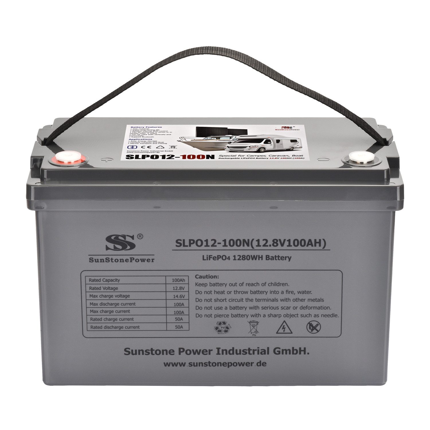 Sunstone Power 12V 100AH LiFePO4 Akkuspeicher für PV-Anlage vom Wohnmobil, 0% MWST Solarakkus 100000 mAh (12 V), Extrem zyklenfest, Wartungsfrei, mit Bluetooth und BMS