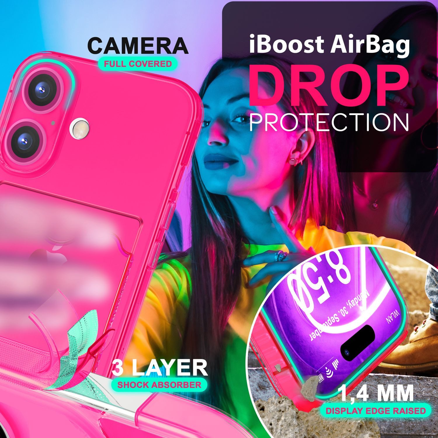 Nalia Smartphone-Hülle Apple iPhone 16 15,5 cm (6,1 Zoll), Klare Neon Silikon Hülle mit Kartenfach / Durchsichtig Bunt Leuchtend