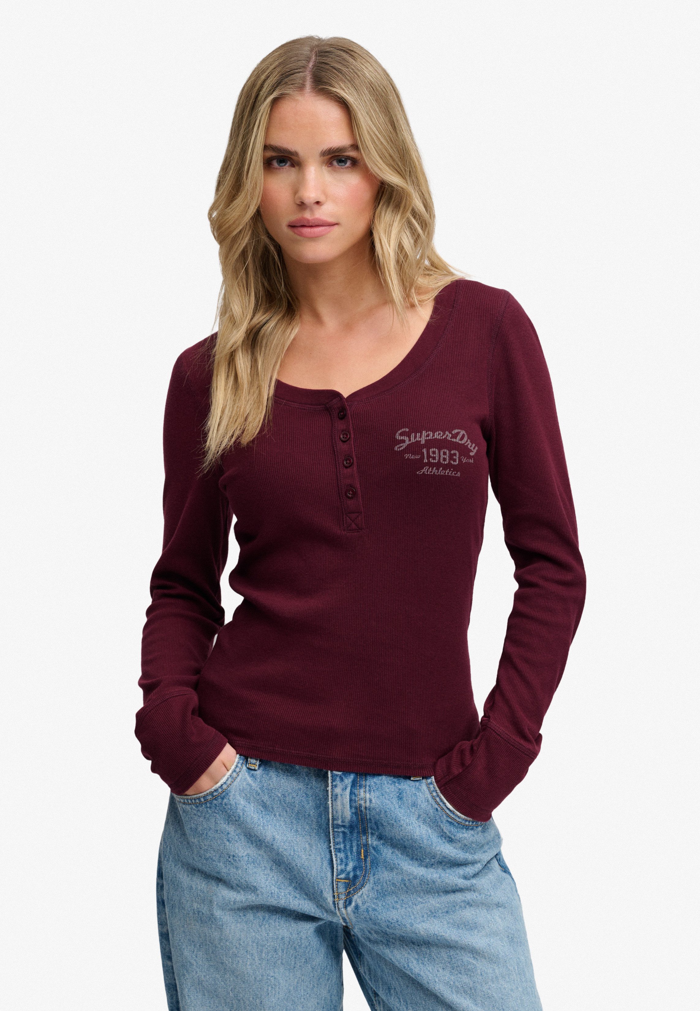 Superdry Henleyshirt ATHLETIC BUTTON DOWN LS TOP Baumwollmischung, skinny fit