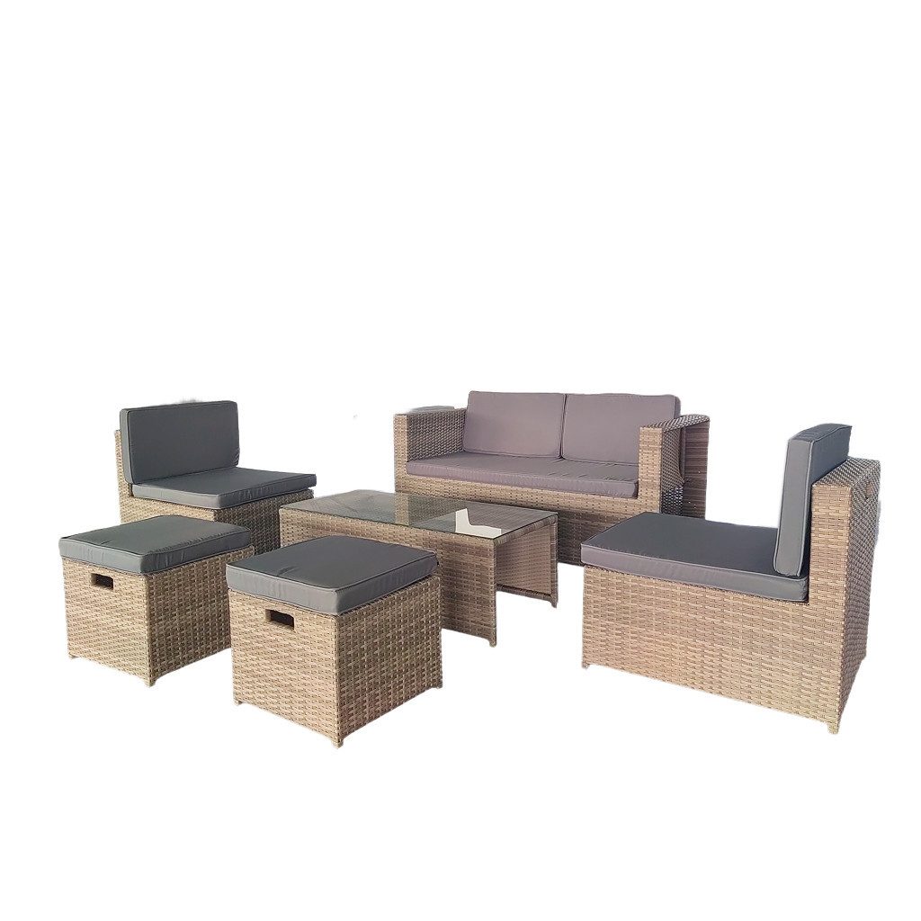 Wohnando Garten-Essgruppe Gartenlounge "Milli", grau, Sessel und Sofa inkl. Tisch, (5-tlg), für 6 Personen inkl. Sitzkissen, Gartenmöbel