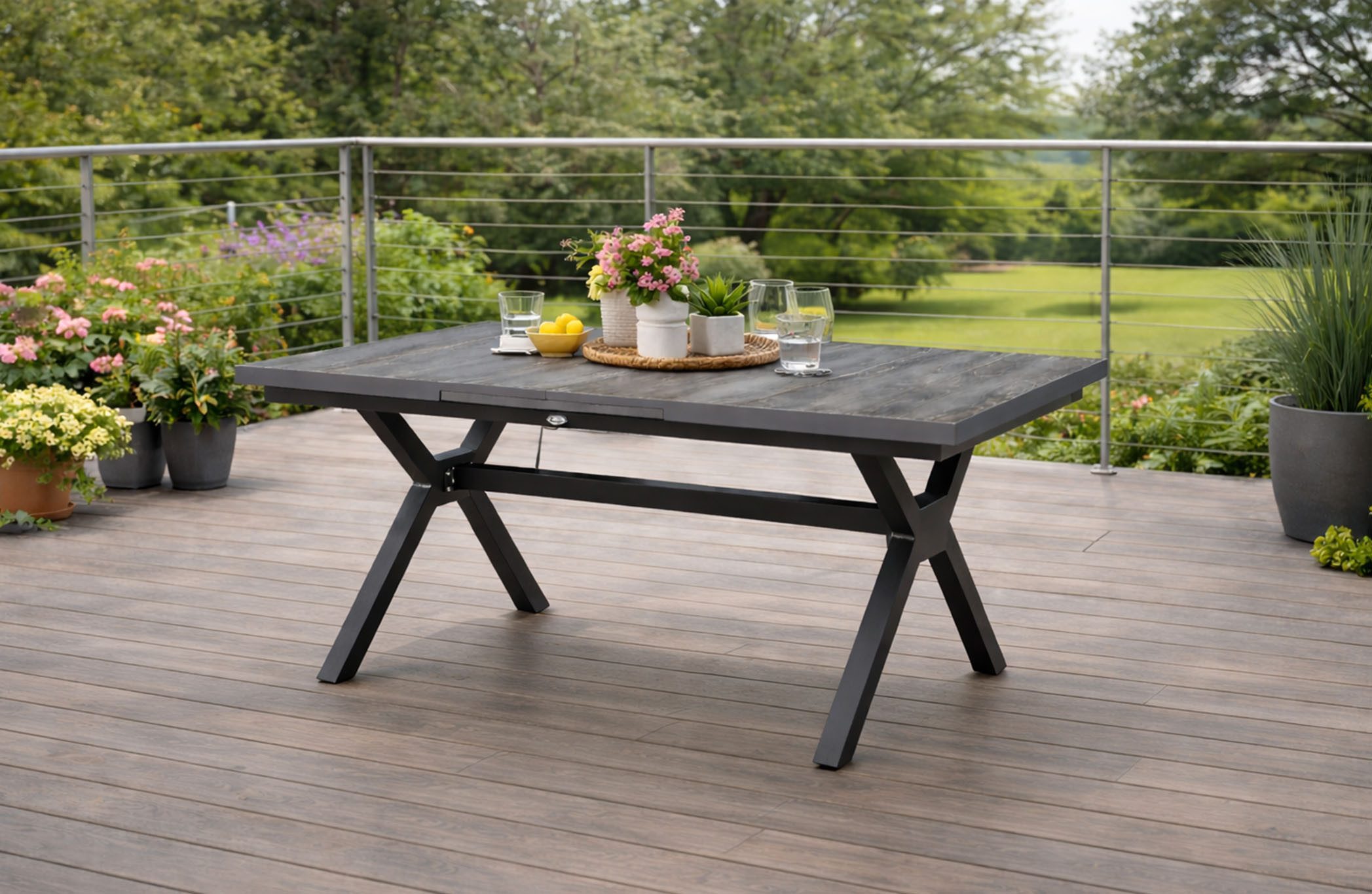 Destiny Garten-Essgruppe COMO GARDA 4 Se + Auszietisch 160/210x100cm, grau/ anthrazit, (Set, 4 Stapelsessel inkl. Polster, 1 Tisch mit Synchronauszug), Aluminium, Rope, Keramikplatten