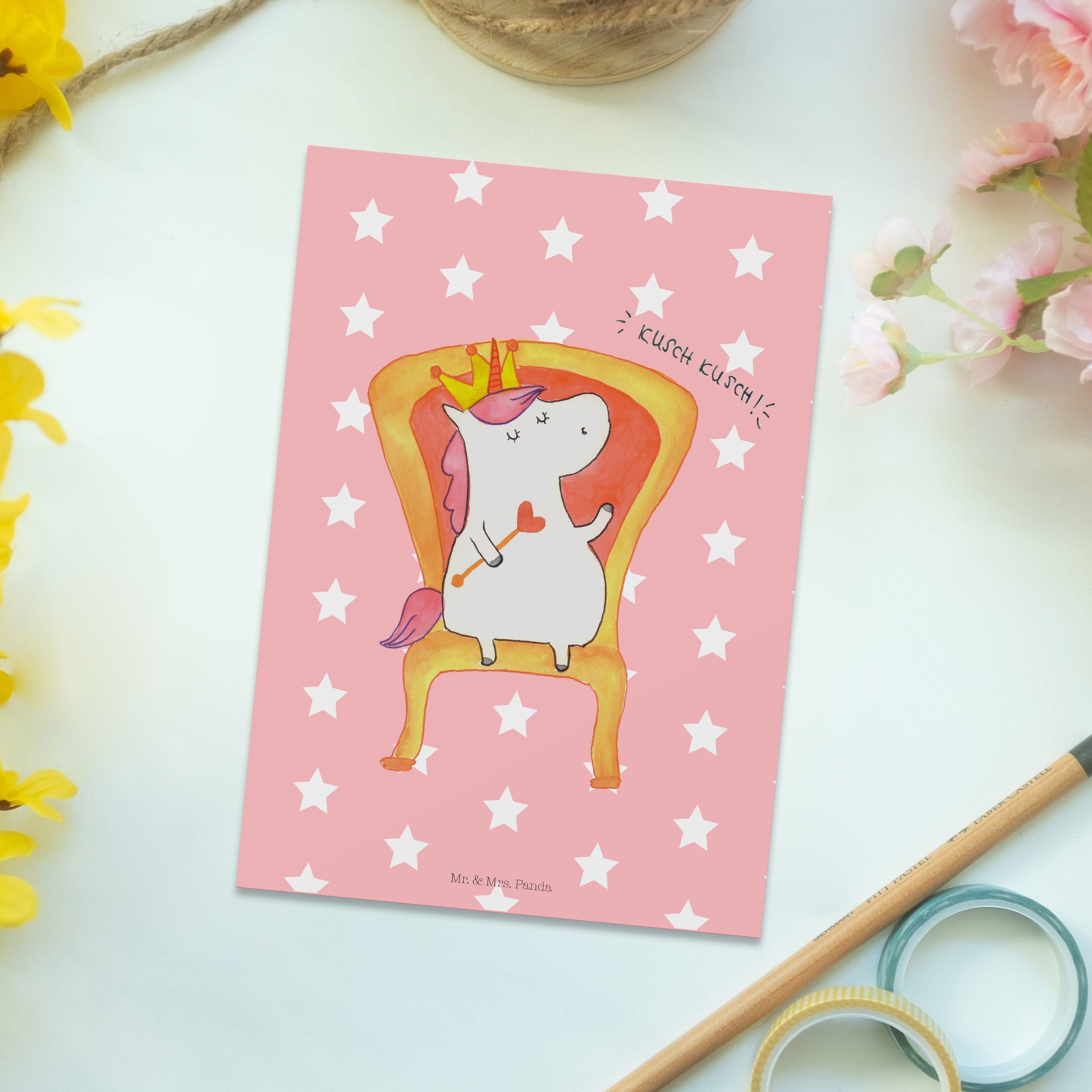 Mr. & Geburtstagsgeschenk, Gru Einhorn - Panda - Geschenk, Prinzessin Pastell Rot Mrs. Postkarte