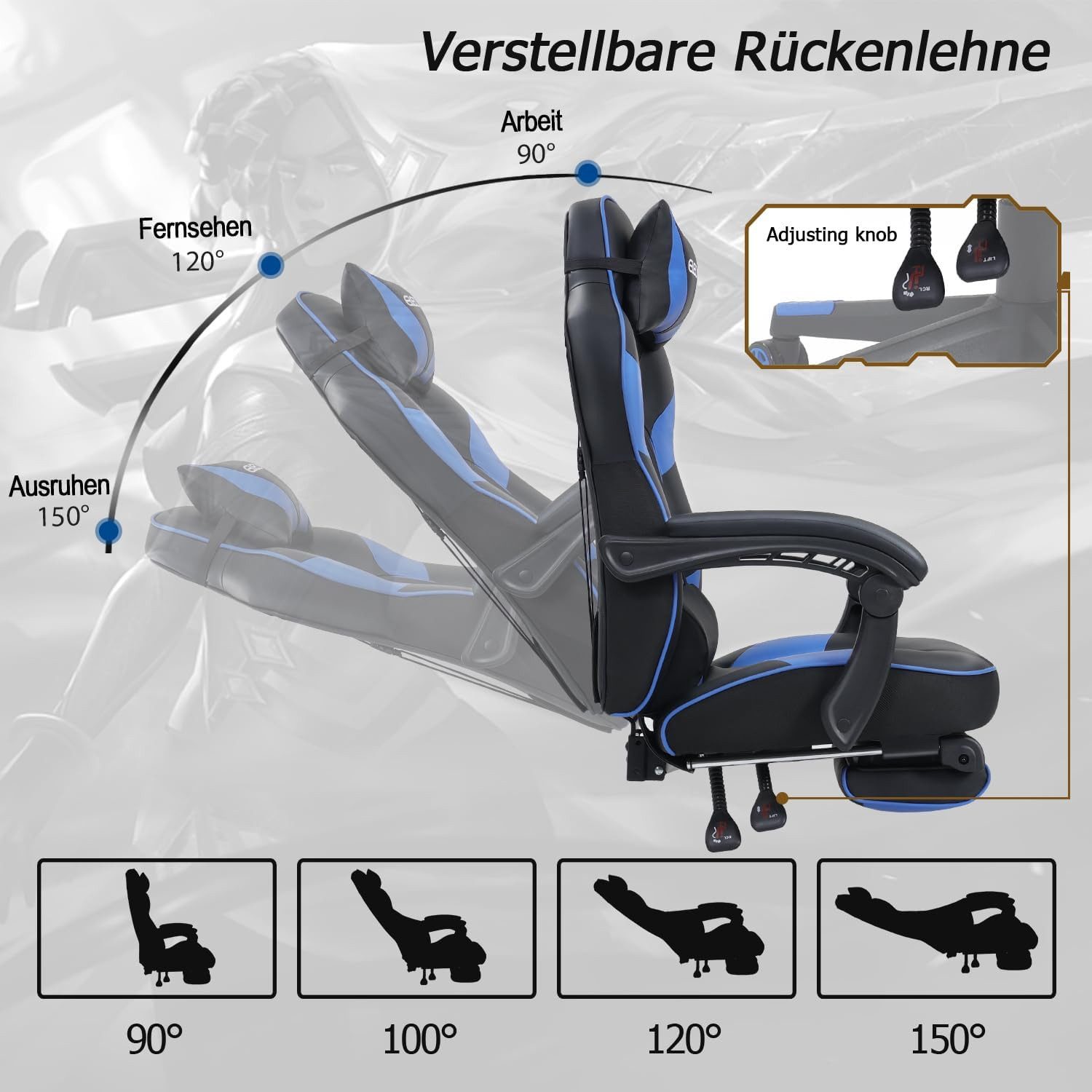 Puluomis Gaming-Stuhl mit Fußstütze 150kg, Bürostuhl Ergonomisch Chefsessel Racing Stuhl