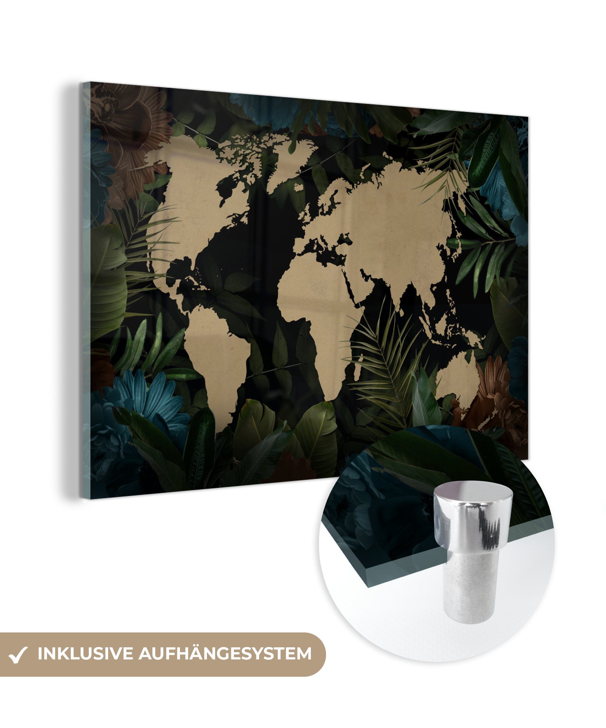 MuchoWow Acrylglasbild Weltkarte - Tropische Pflanzen - Blätter, (1 St), Glasbilder - Bilder auf Glas Wandbild - Foto auf Glas - Wanddekoration