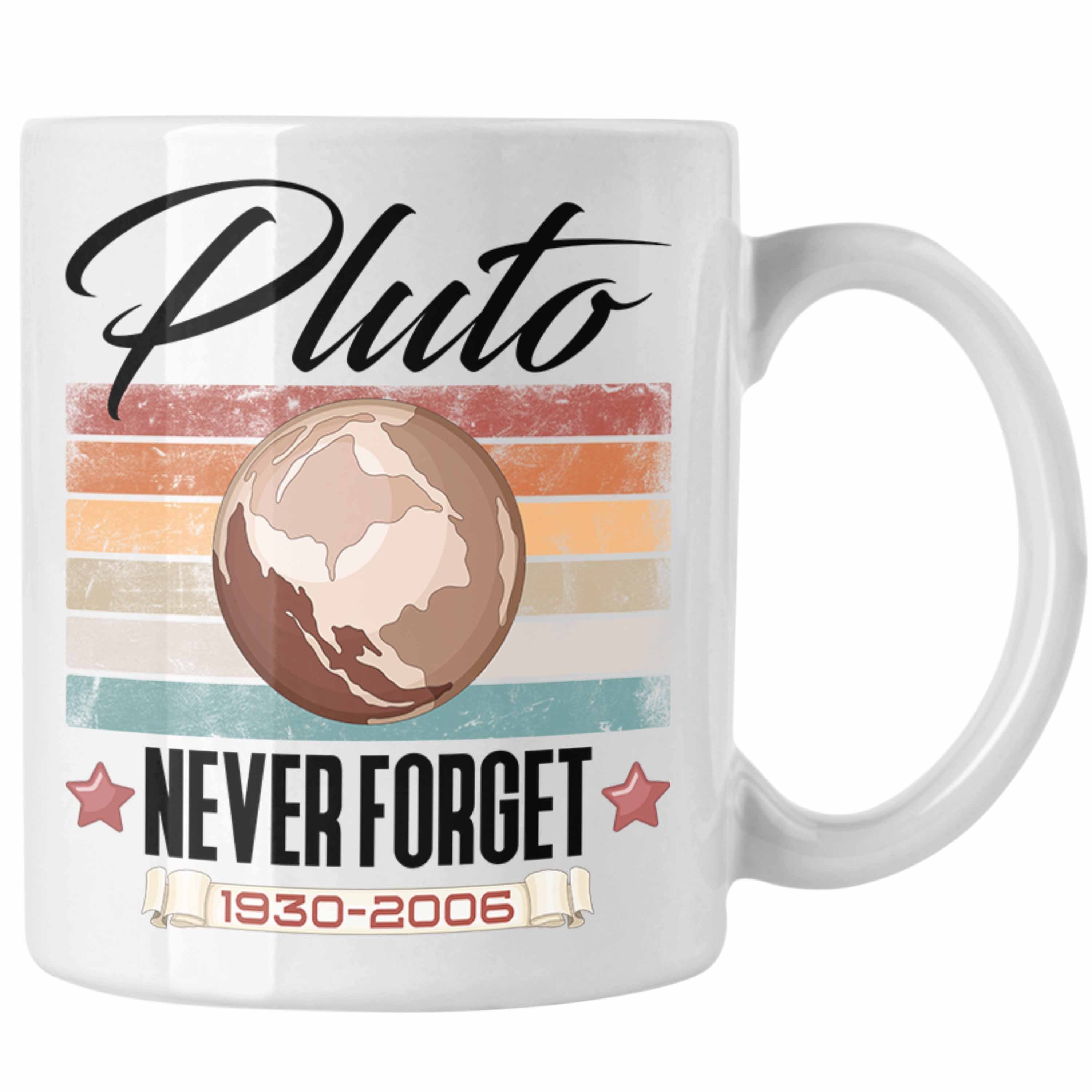 Trendation Tasse Tasse "Pluto Never Forget" Lustiges Geschenk für Astronomie-Fans Weiss