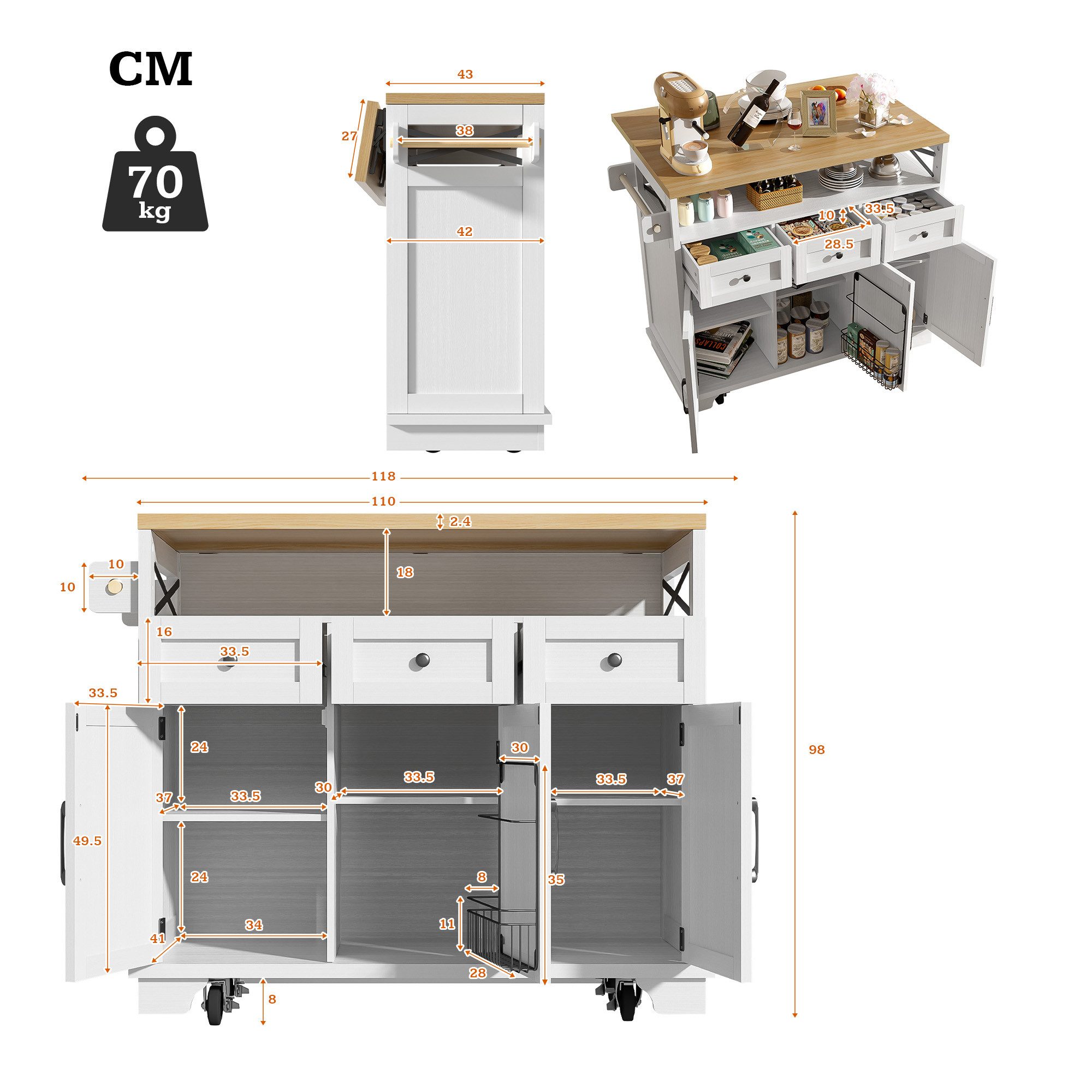 TavilaEcon Küchenbuffet Moderne Kücheninsel mit Holzmaserung, Multifunktion günstig online kaufen