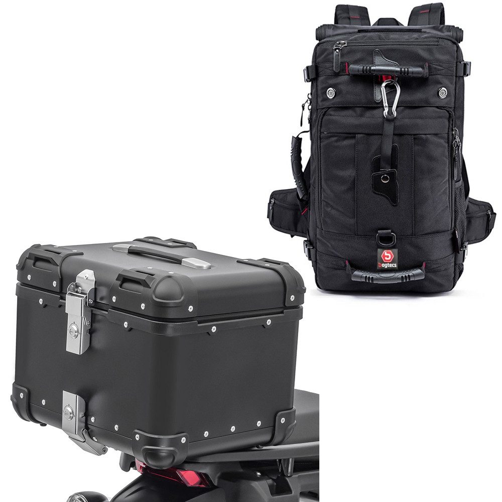 Bagtecs Reisetasche Set: Motorrad Rucksack HK4 45Ltr sw # mit Alu Top Case XS45 Alu univ.