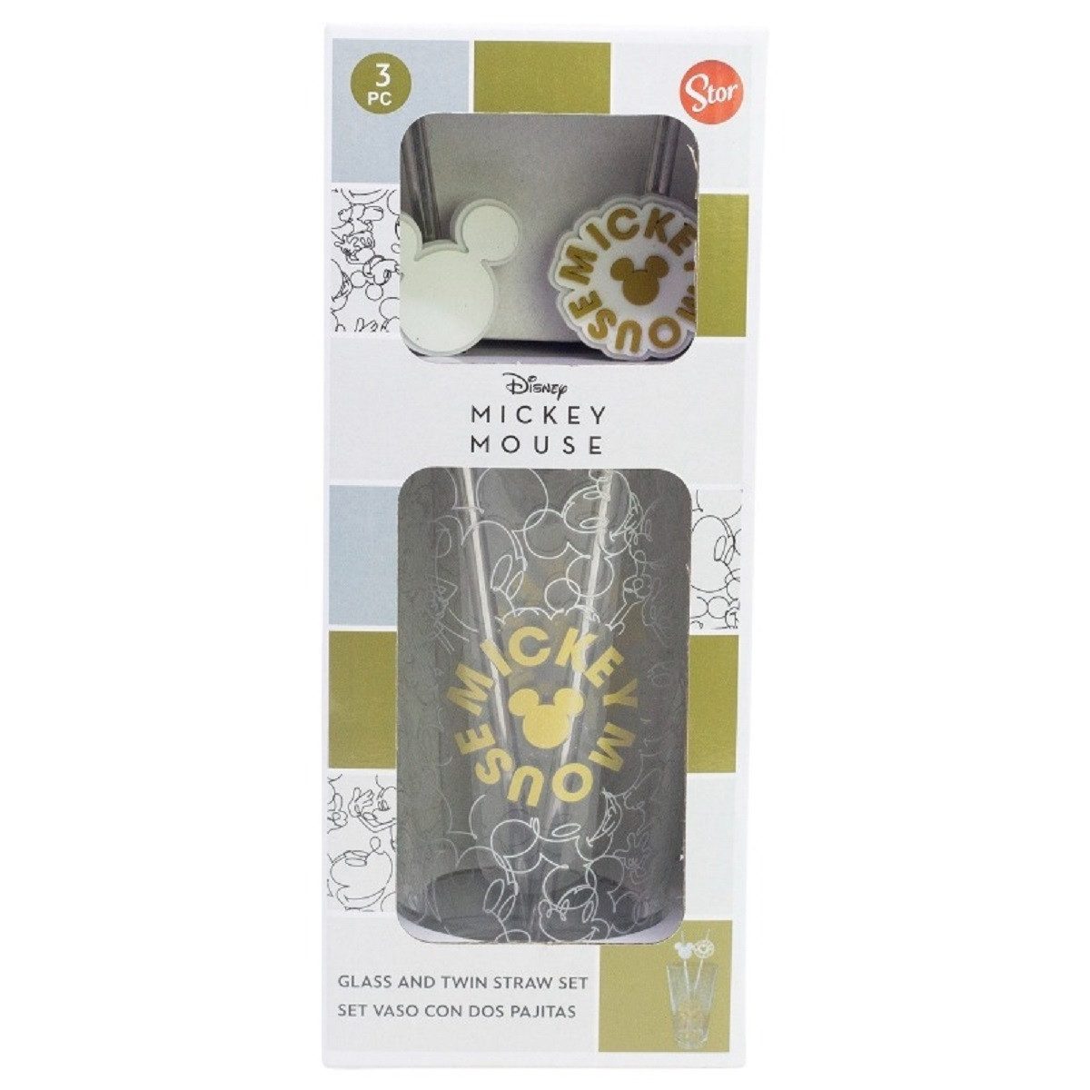 Disney Mickey Mouse Glas Glas 480 ml mit 2 Edelstahl Trinkhalmen, 3-tlg., Glas