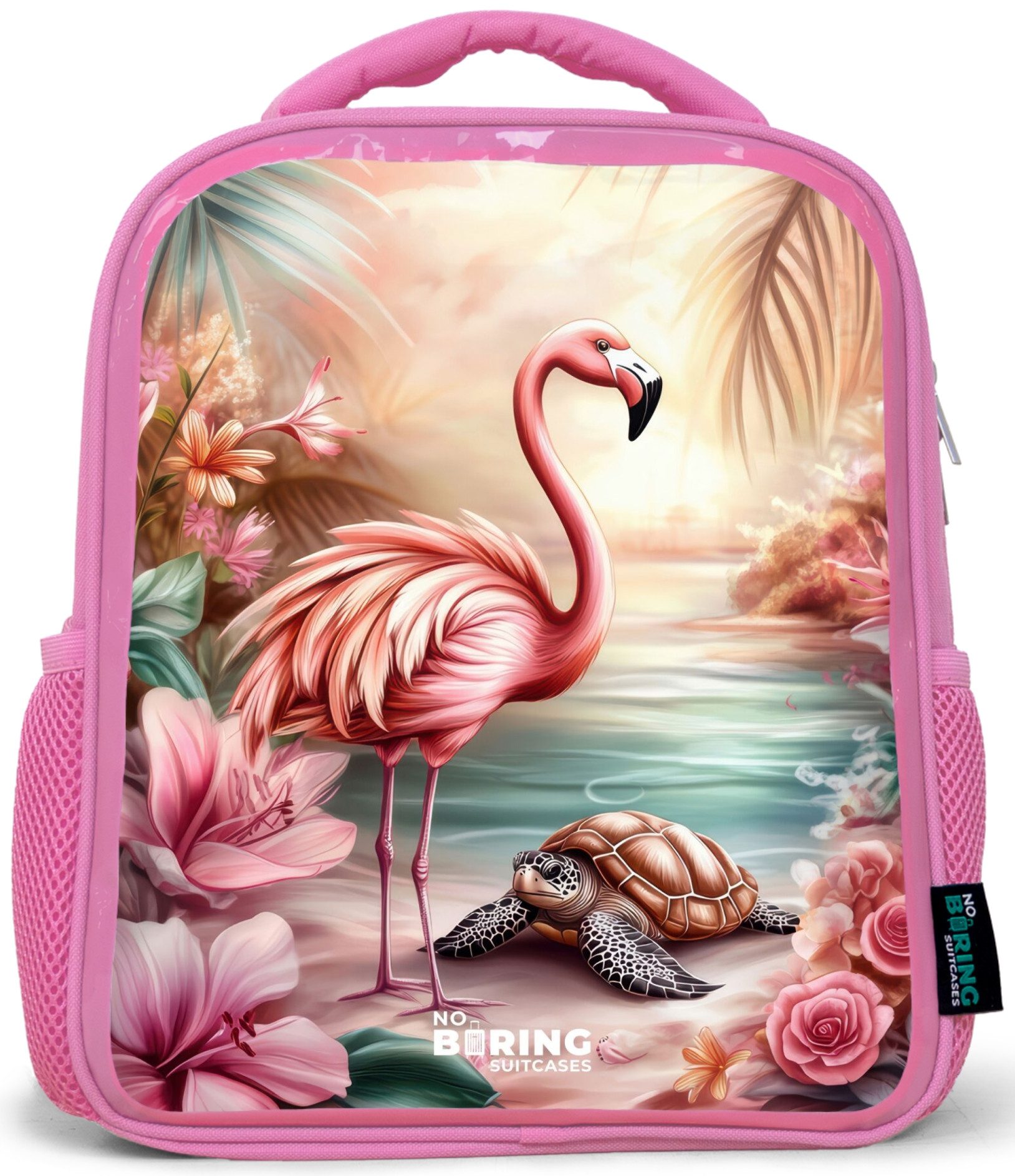 Flamingo und Schildkröte an einem rosa Strand.