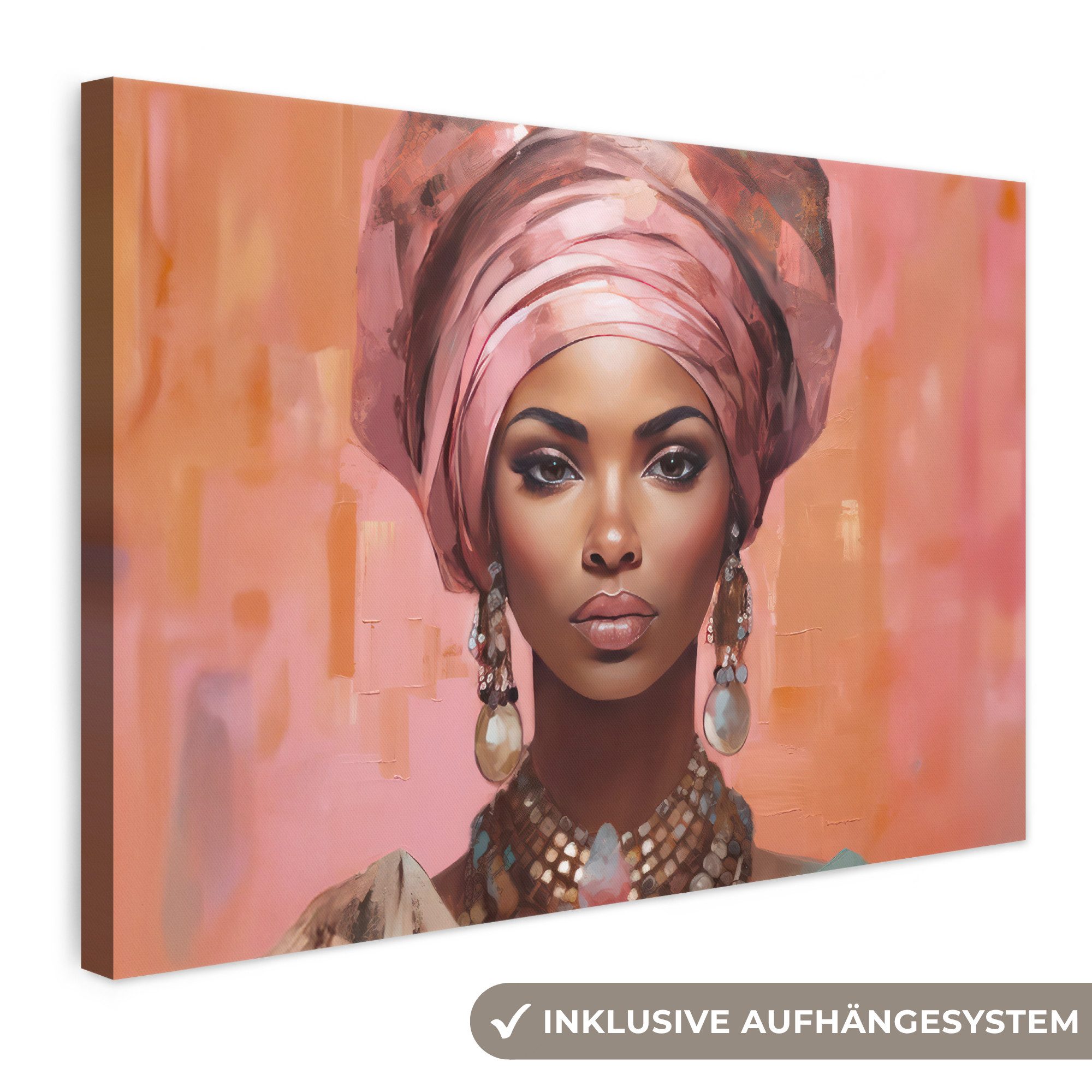 OneMillionCanvasses® Leinwandbild Kunst - Frau - Rosa - Schmuck - Porträt, Fotodruck (1 St), Leinwand Bilder Klein, Wand Dekoration Aesthetic 30x20 cm