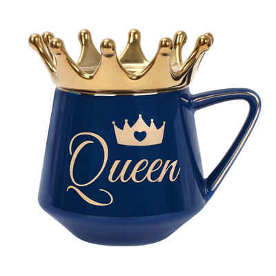 COFFEE LOVER Tasse Queen, Dunkelblau mit Gold Krone als Deckel, Keramik, 350ml, stylische coole Statement Tasse Königinnen, Geschenk Freundin