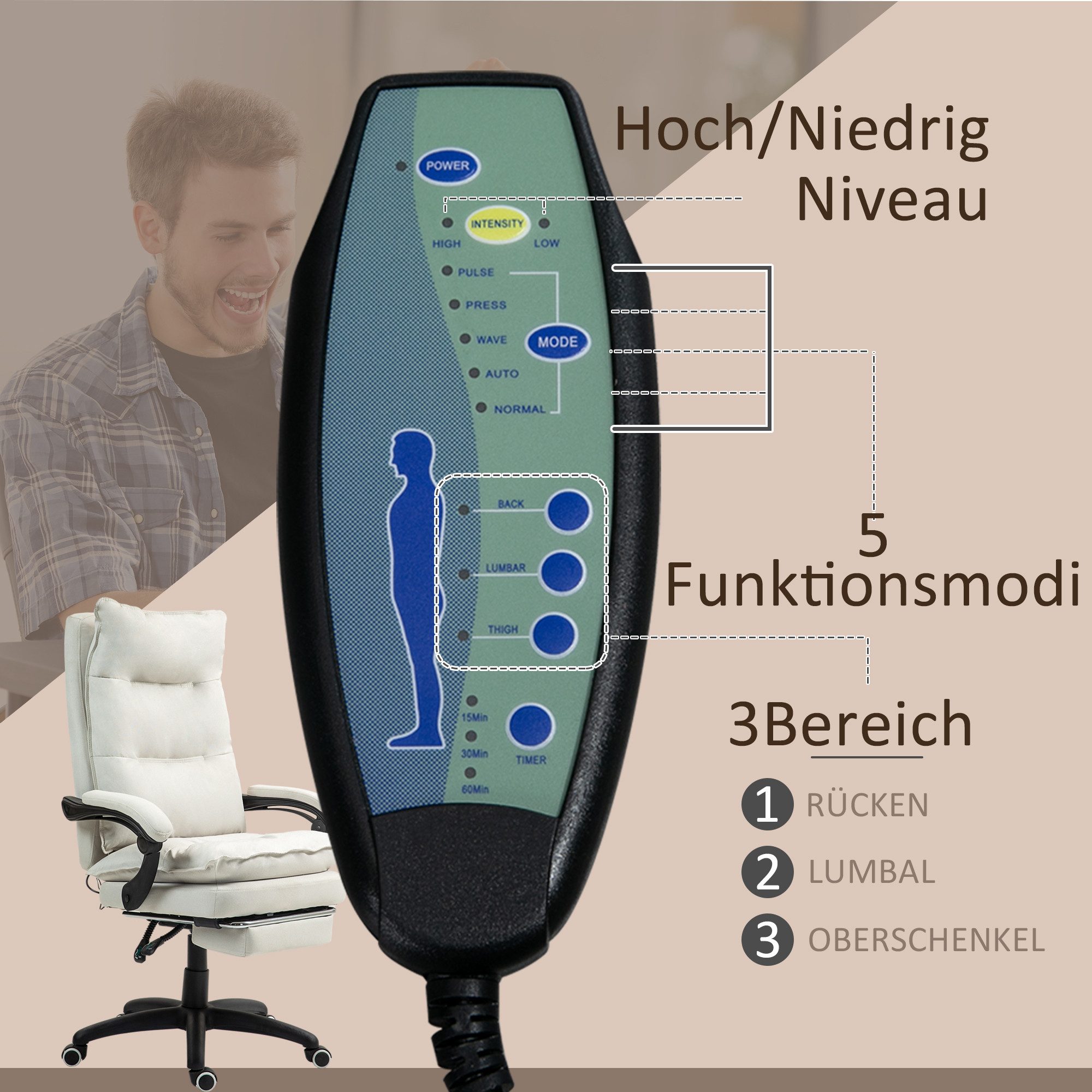 Vinsetto Schreibtischstuhl Chefsessel mit Liegefunktion, höhenverstellbarer Computerstuhl (Bürostuhl, 1 St), für Büro, Cremeweiß – Bild 4 von 5