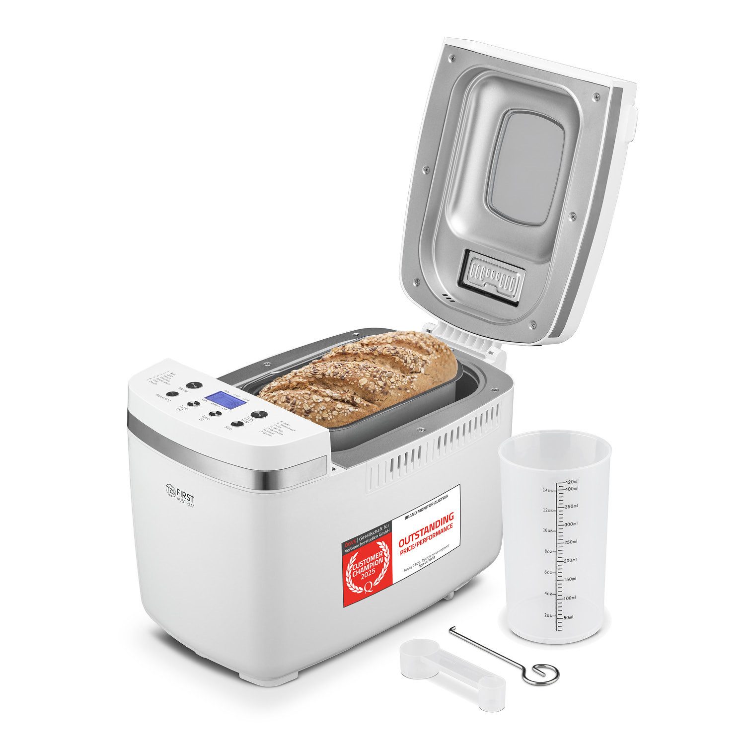 TZS FIRST AUSTRIA Brotbackautomat 900g oder 1350g, 850W, Timer, Abschaltautomatik, Display, 14 Programme, 0 W, Brotbackautomat, 2 Knethaken, Antihaftbeschichtet, Sauerteig