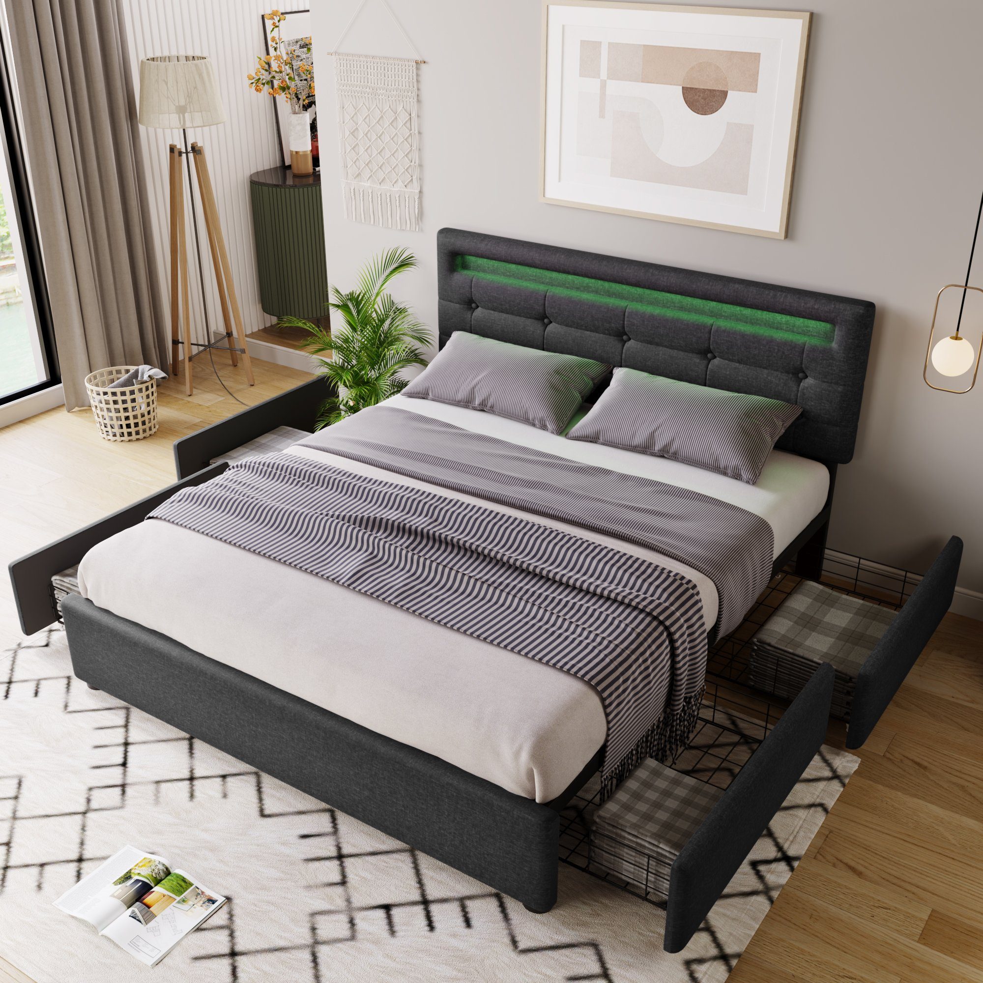 Polsterbett (mit LED-Beleuchtung, Fernbedienung und verstellbarem Kopfteil), Doppelbett mit Lattenrost, 4 Schubladen, Leinen, 140x200cm Bett