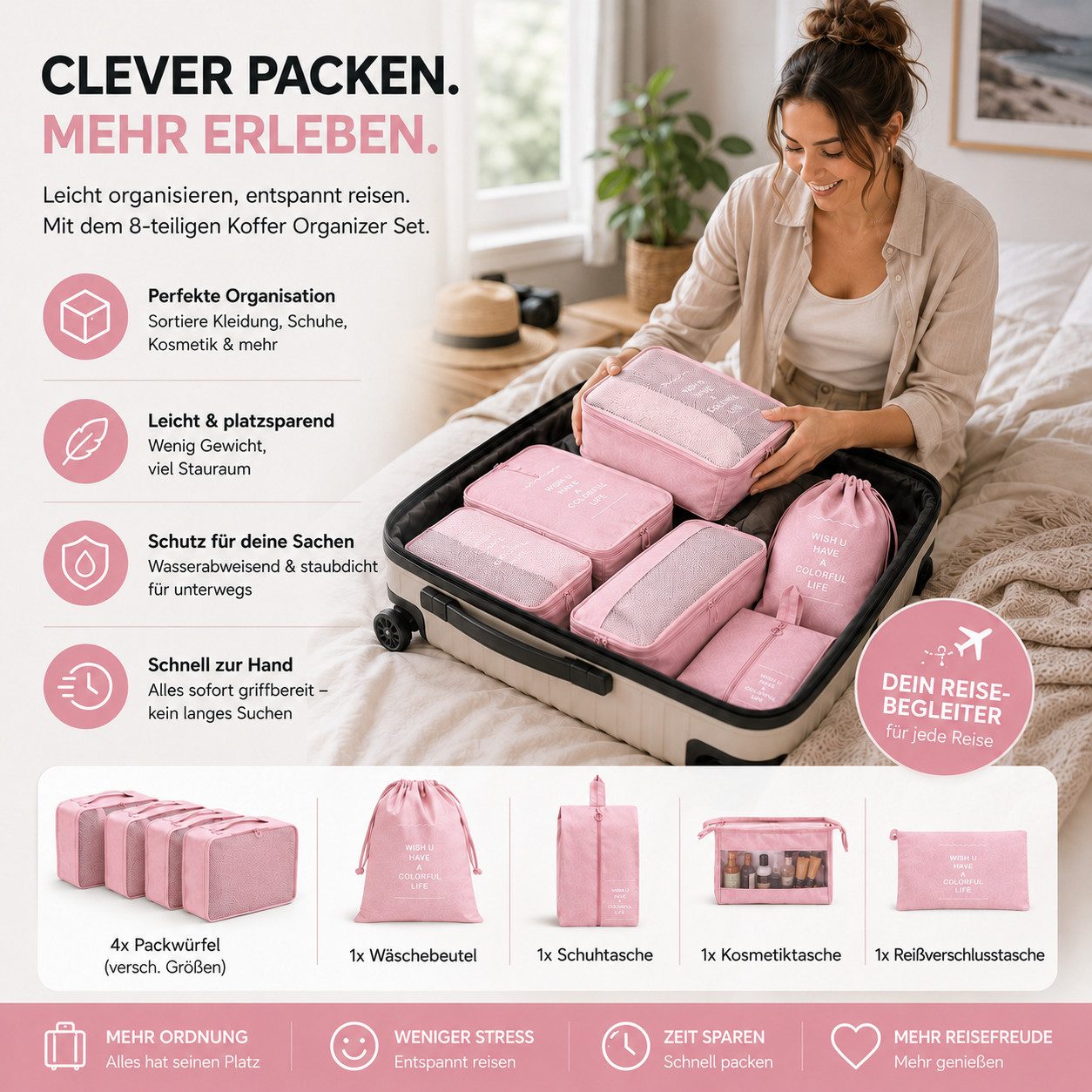 Everhomely® Kofferorganizer Kofferorganizer 8er mit Kosmetiktasche – Packtaschen Packwürfel Reisen (Set, 8er Set)