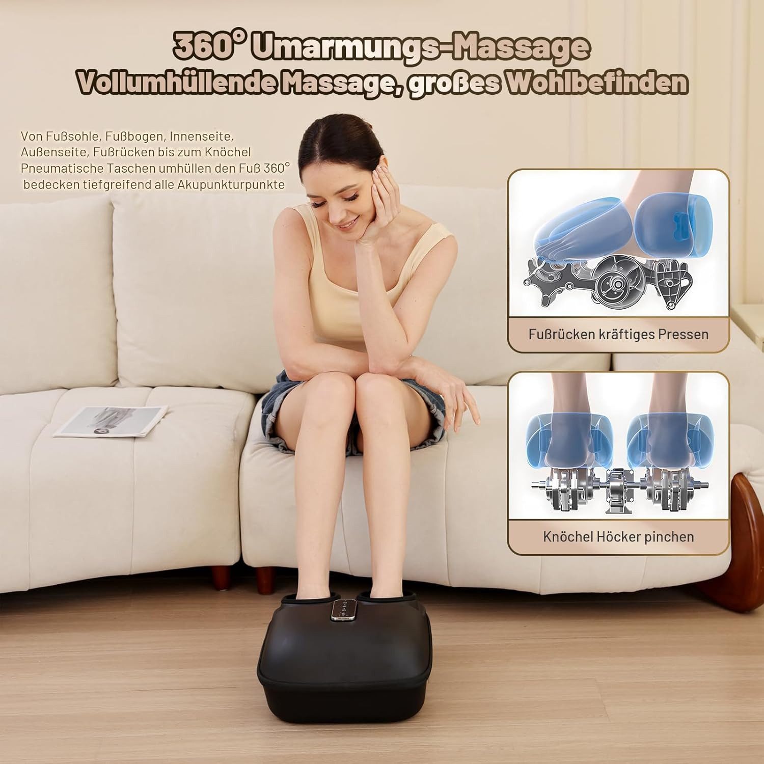Fyrove Fußmassagegerät Shiatsu-Fußmassagegerät mit Wärme 3 Intensität Airbagmassage, HeiBe Kompresse Rollen und Luftkompression, 3D Kneten,waschbare Innenbezüge – Bild 4 von 5