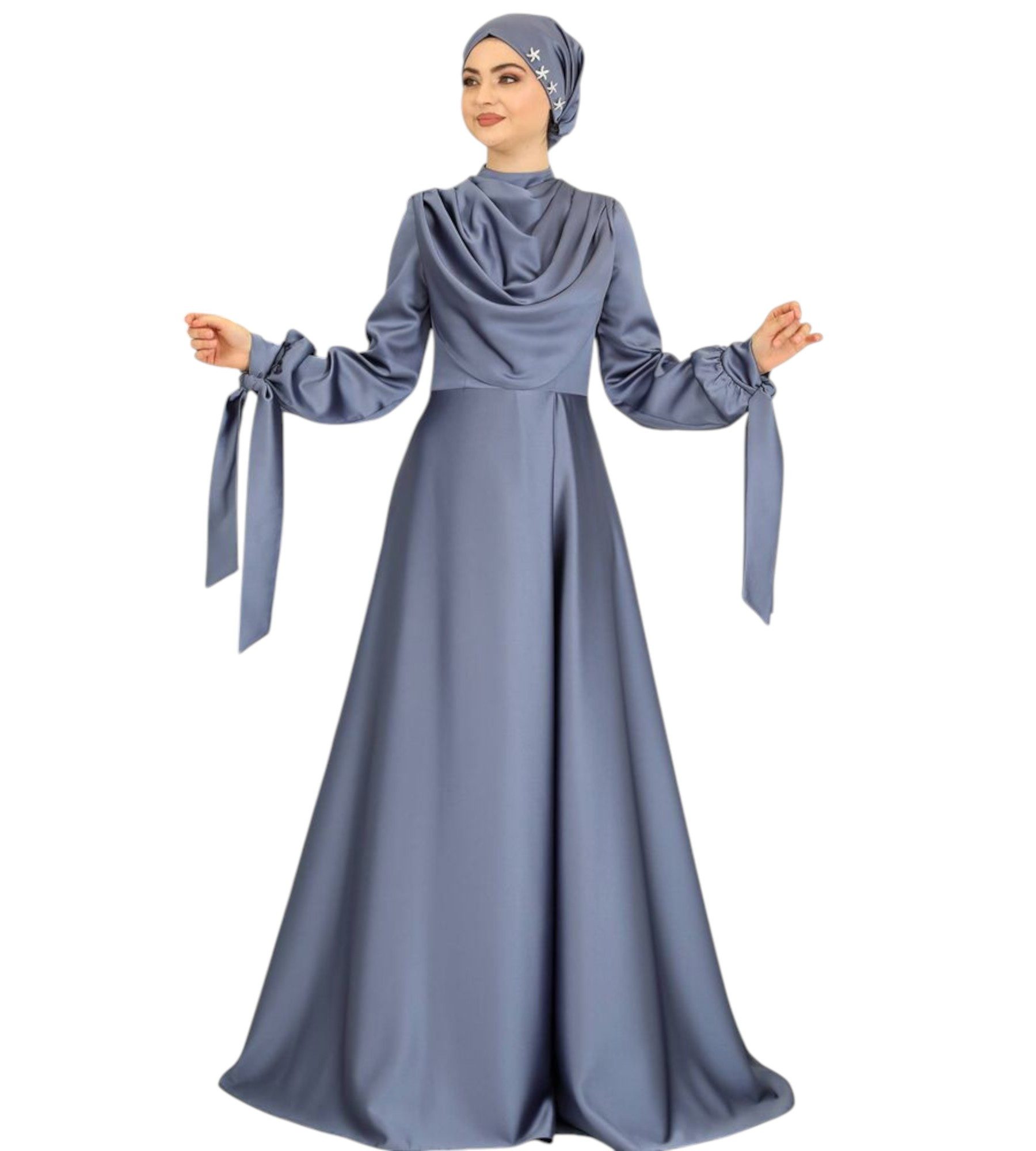 fashionshowcase Abendkleid Damen Maxikleid Satinkleid langarm Modest Fashion