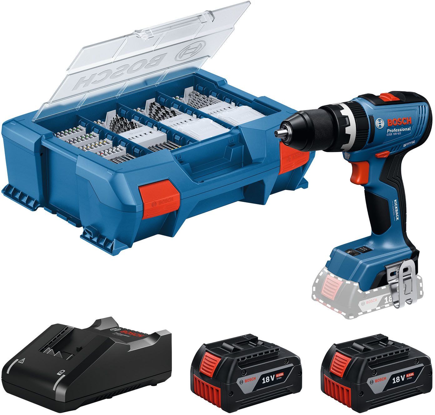 Bosch Professional Akku-Schlagbohrschrauber »GSB 18V-65«, Inkl. 2x Akku GBA 18V 4,0Ah, in L-Case Pick & Click