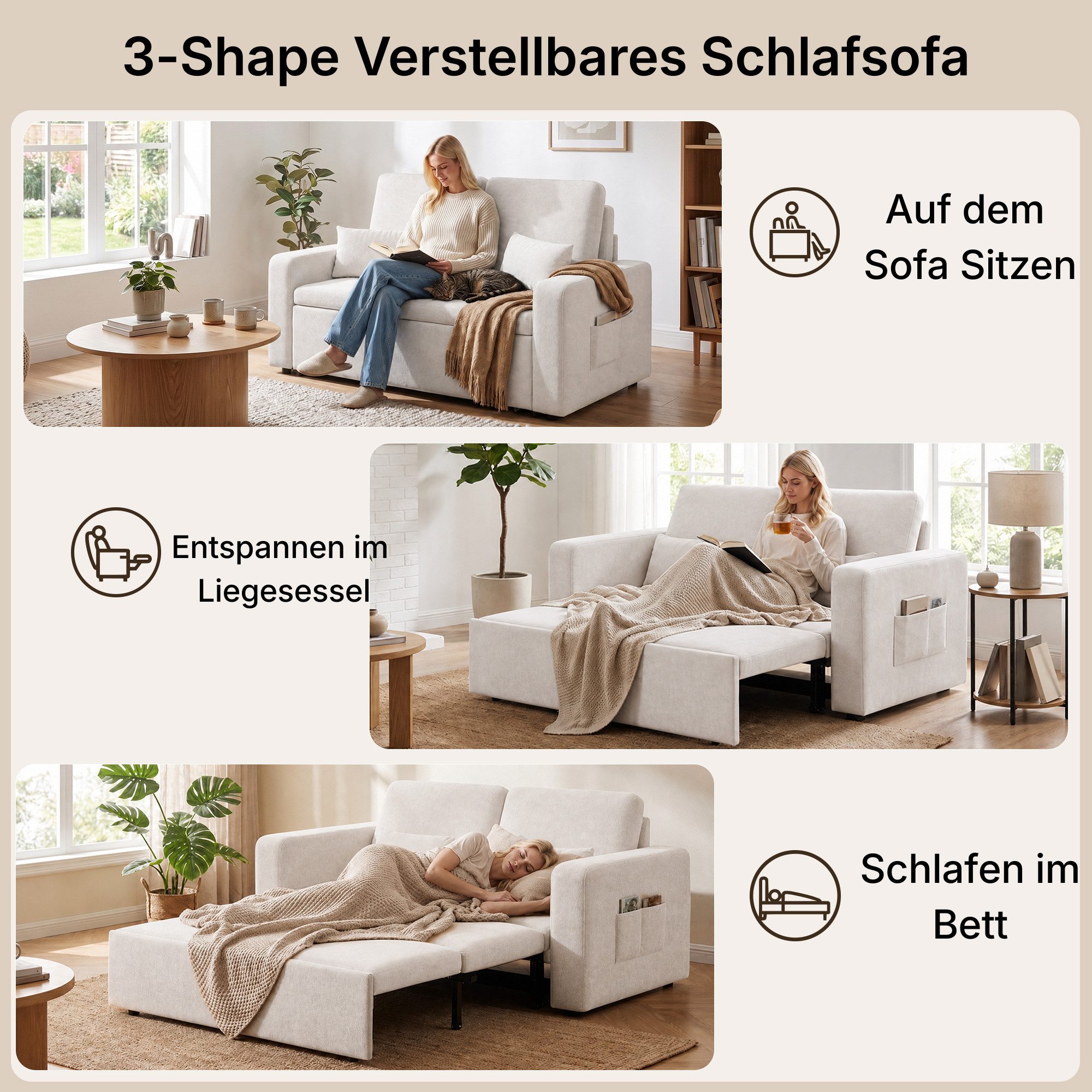 Blishom Schlafsofa 2-Sitzer-Schlafsofa aus Velours, ausziehbar, Liegefläche 117 x 196 cm, Mit Seitentaschen und zwei Zierkissen für Wohn- und Gästezimmer – Bild 4 von 5