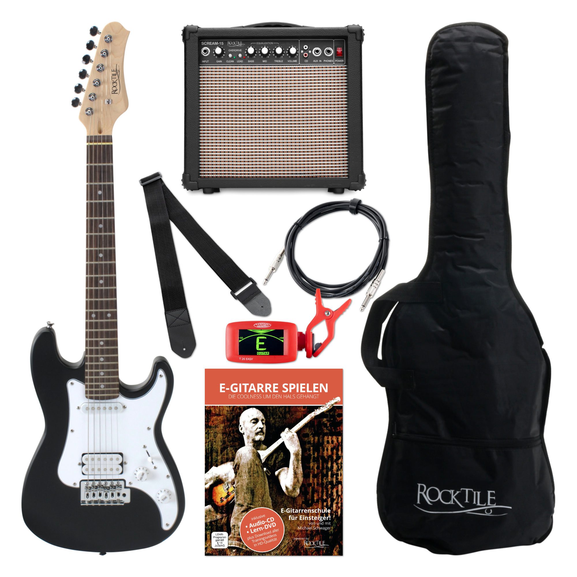 Rocktile E-Gitarre Sphere Junior elektrische Gitarre für Kinder, inkl. Verstärker, Kabel, Gurt und Schule mit CD/DVD