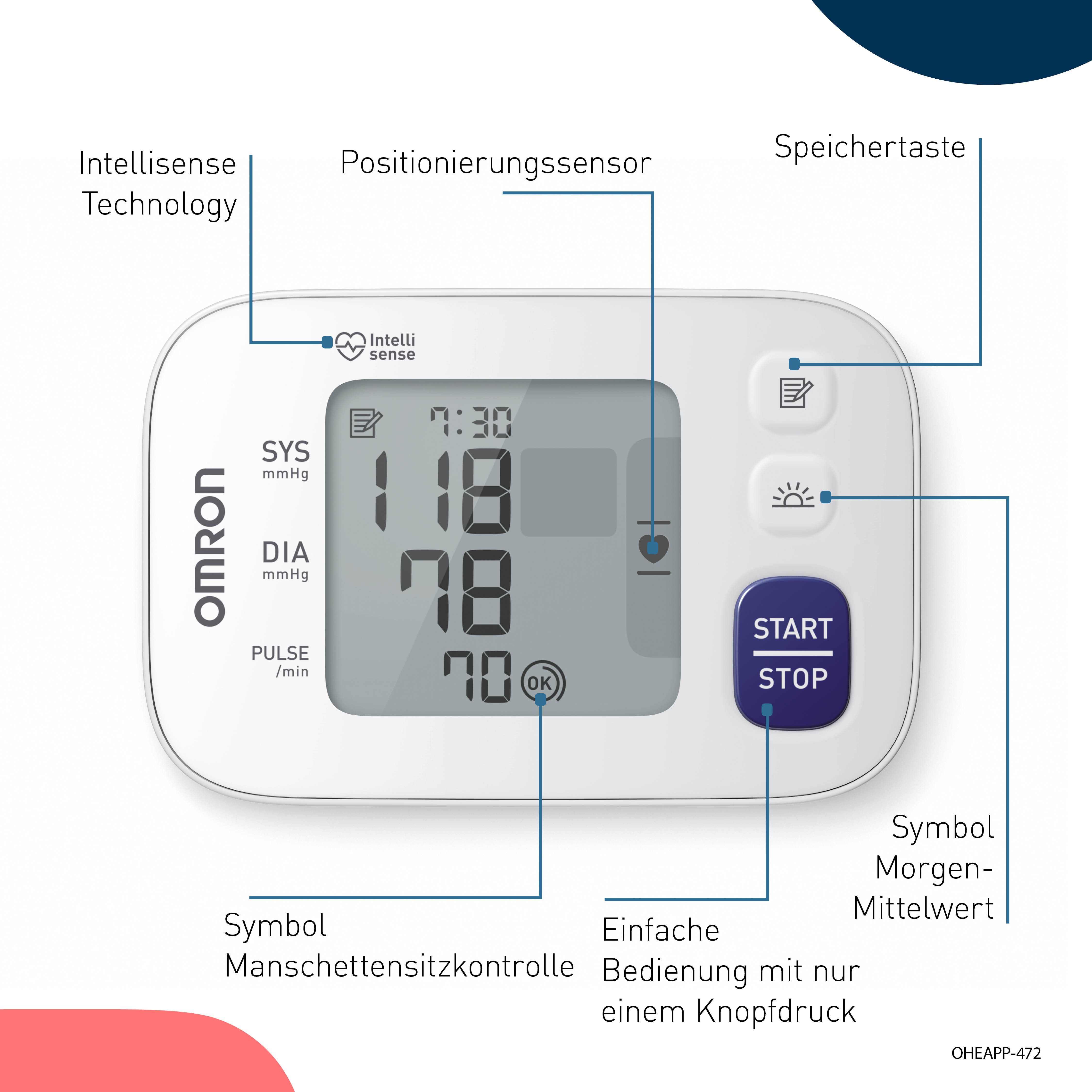Omron Handgelenk-Blutdruckmessgerät RS4 mit Positionierungssensor für genaue Messergebnisse zu Hause, erkennt unregelmäßige Herzschläge, vorgeformte Manschette 13.5-21.5 cm