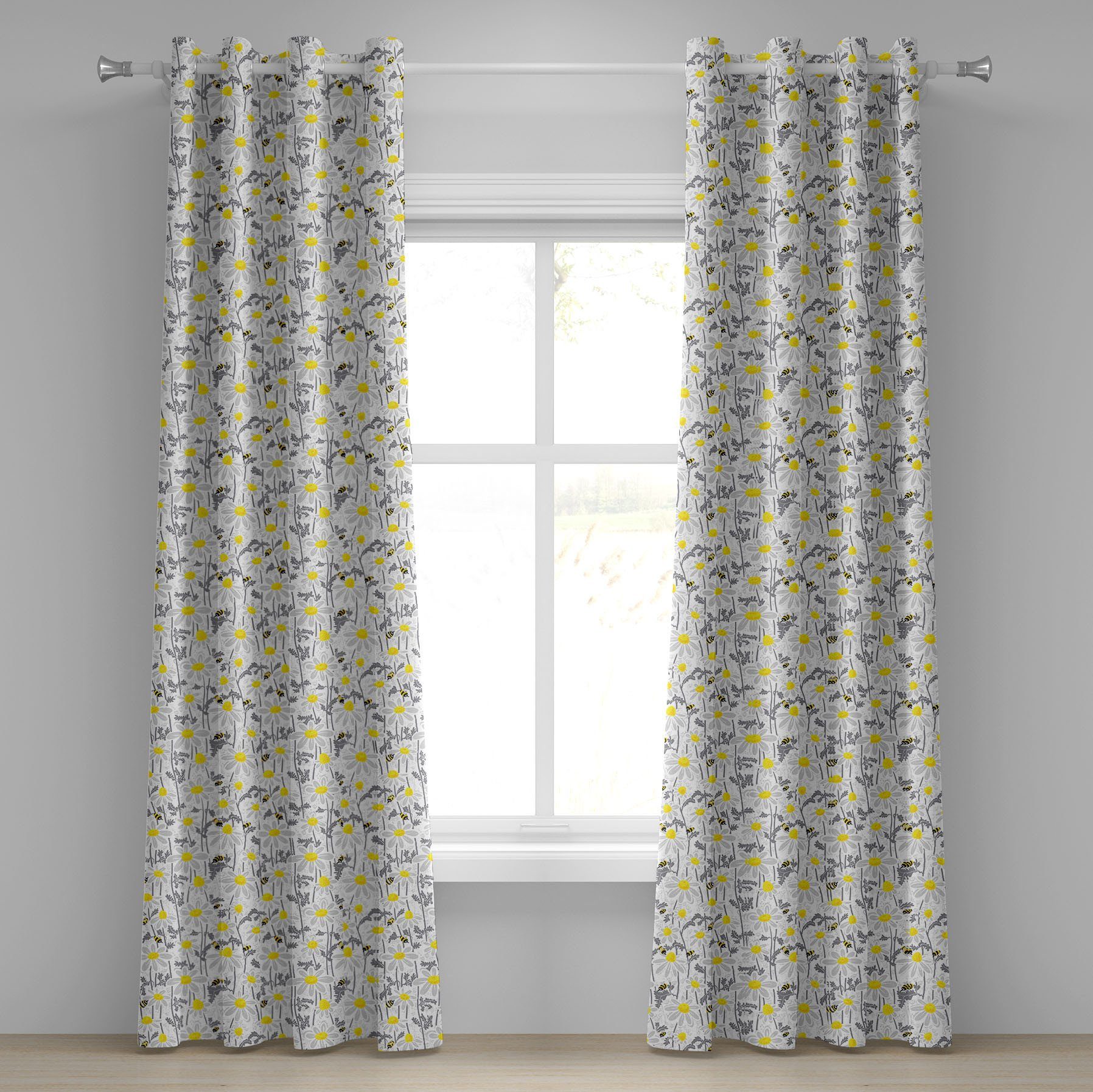 Gardine Dekorative 2-Panel-Fenstervorhänge für Schlafzimmer Wohnzimmer, Abakuhaus, Gelb Bienen Kamille Wiese