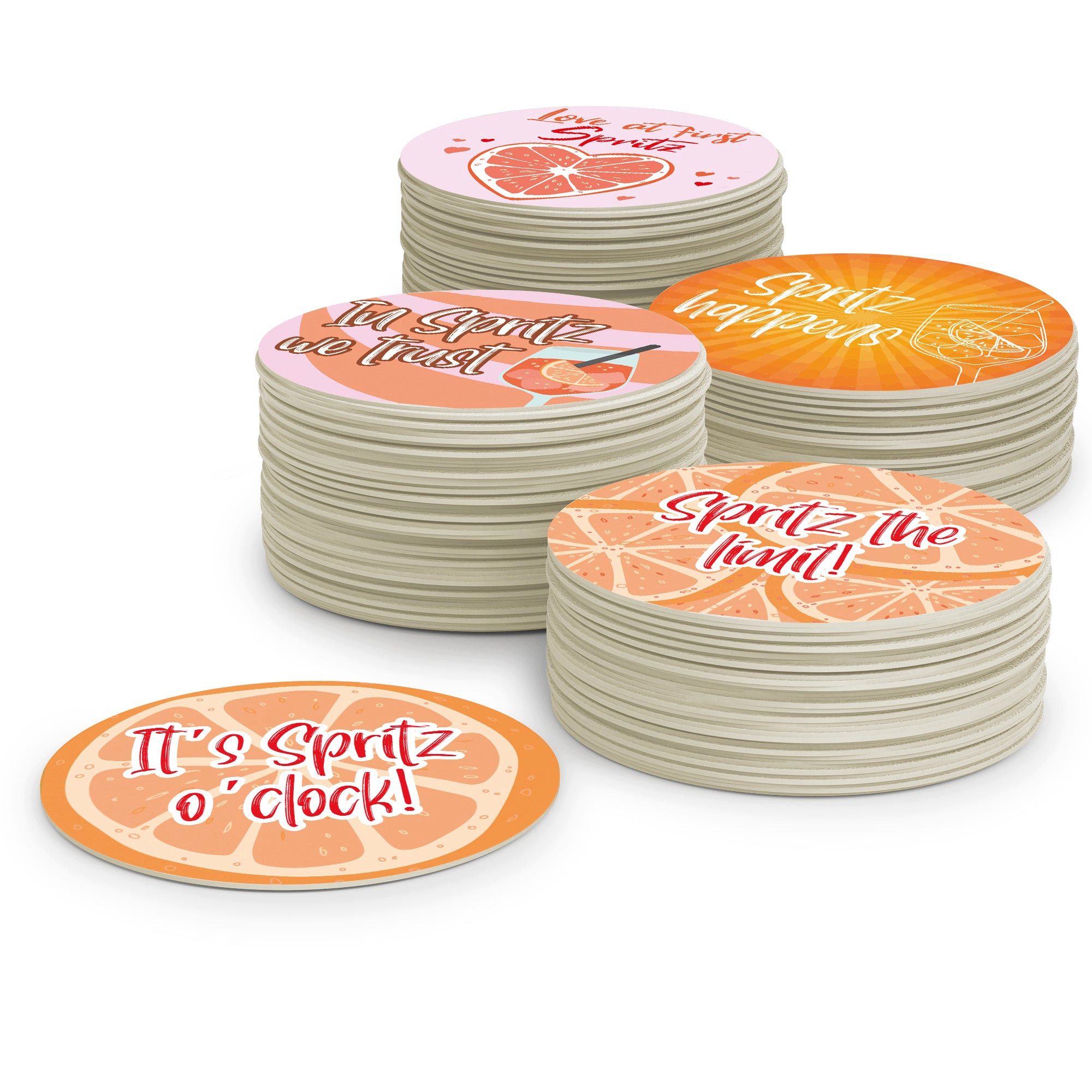 FLYERALARM Bierdeckel Set mit 5 Sommer Designs Orange I Spritz, 50 Stück: 10 Stk. x 5 Designs; 10cm Durchm.