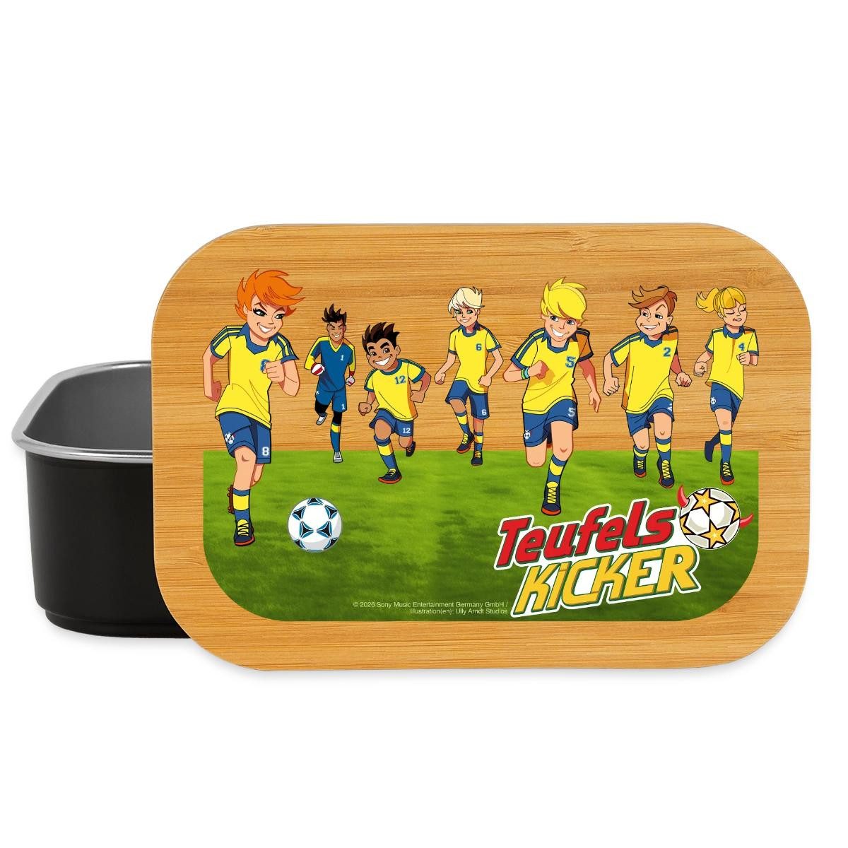 Spreadshirt Lunchbox Teufelskicker Fußballmannschaft Beim Kicken Brotdose mit Bambusdeckel, Edelstahl, Bambus