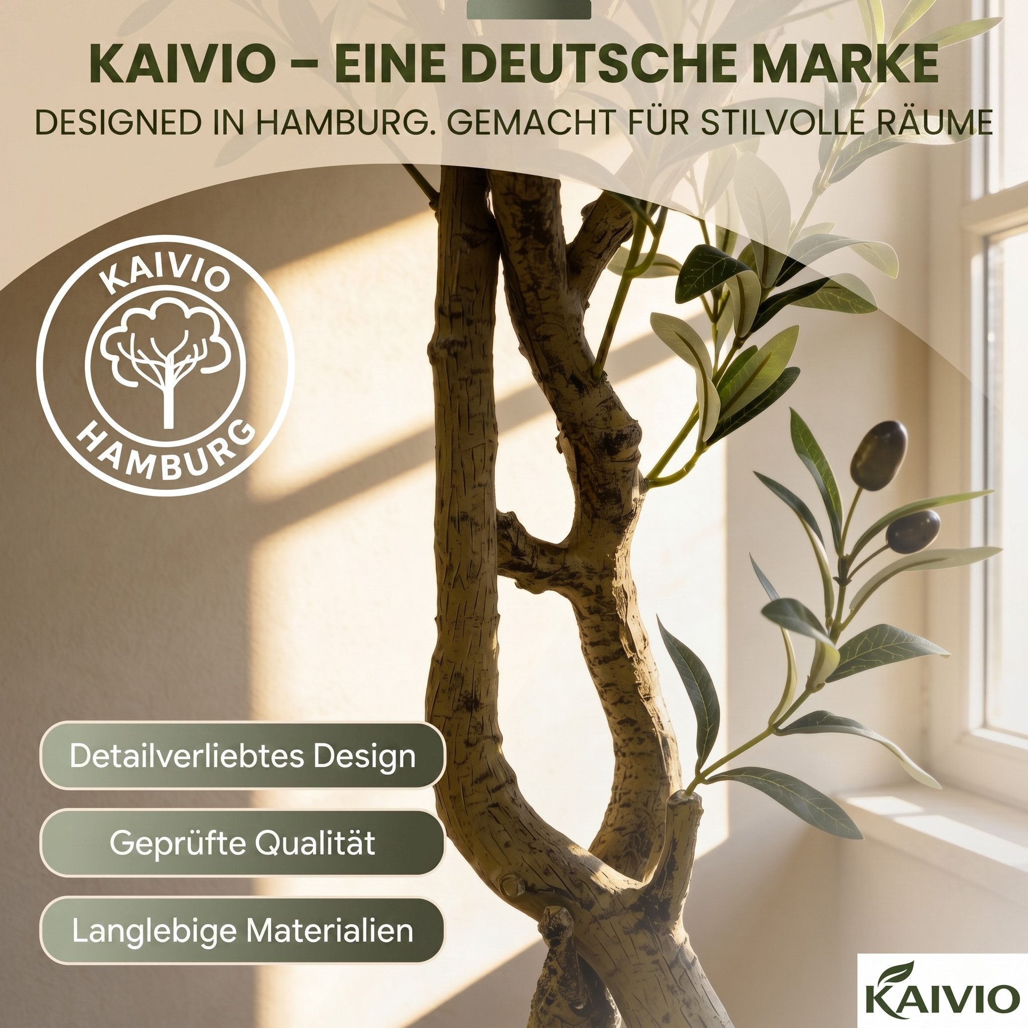 Kunstbaum KAIVIO Künstlicher Olivenbaum 150 cm Classic, Kaivio, Höhe 150 cm, Naturgetreue Optik mit 720 Blättern und 40 Oliven – Bild 5 von 5