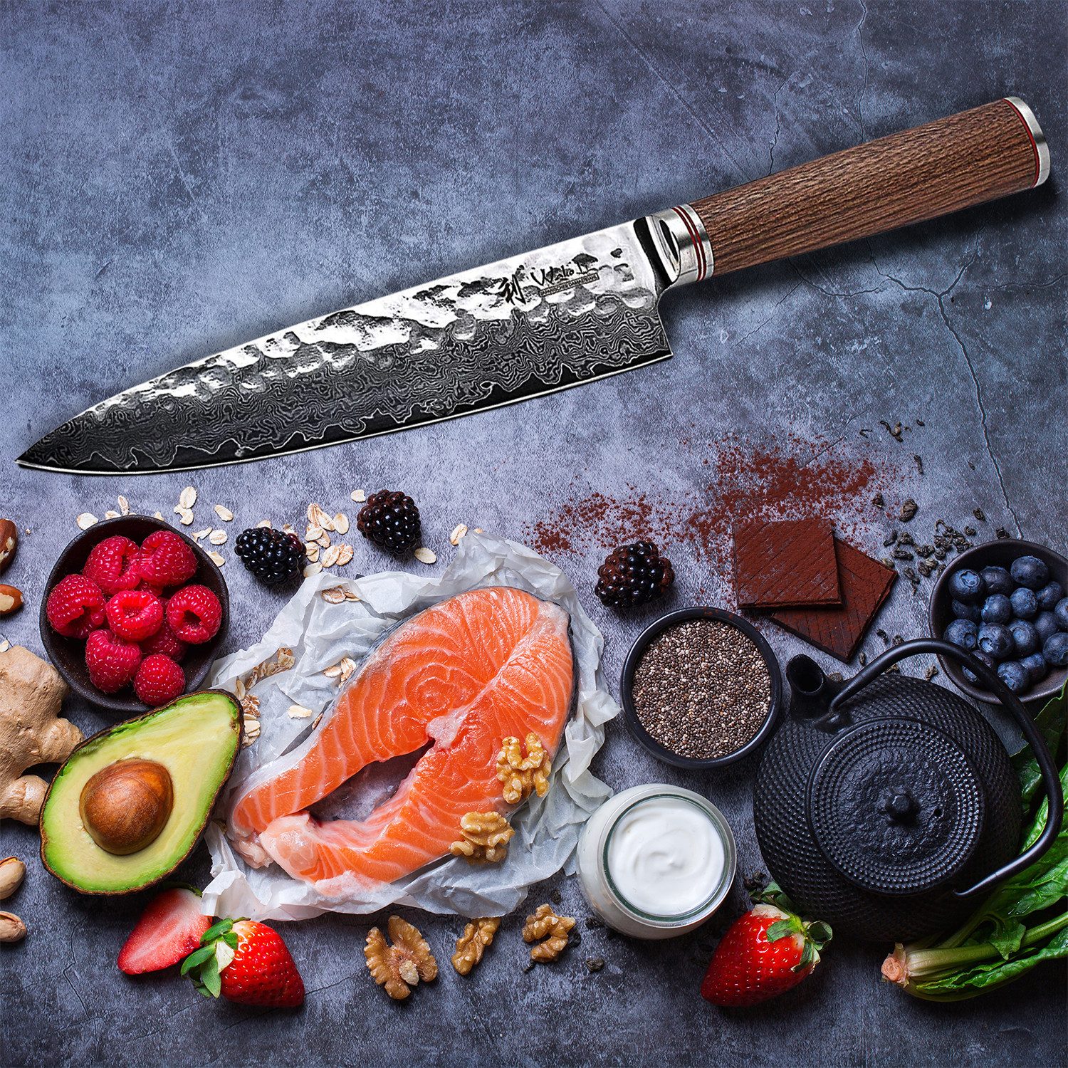 Wakoli Damastmesser Nussbaum Damast Chefmesser 20 cm Klinge I Nussbaumholzgriff, aus 67 Lagen Damaststahl, VG10 Kern