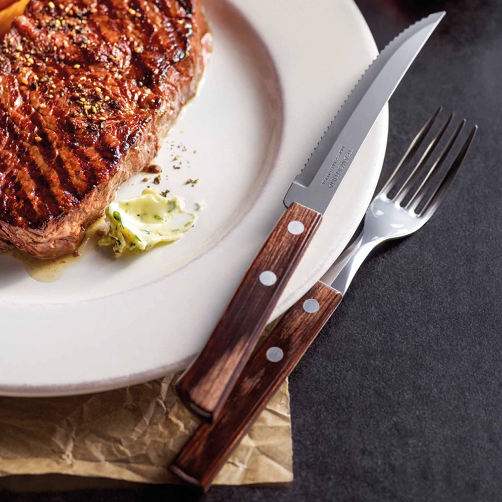 Tramontina Steakmesser Steak-/Pizzamesser Set für 4 Personen - mit Holzgriff (4 Stück), Echtholzgriff, Edelstahl AISI 420, spülmaschinenfest, rostfrei