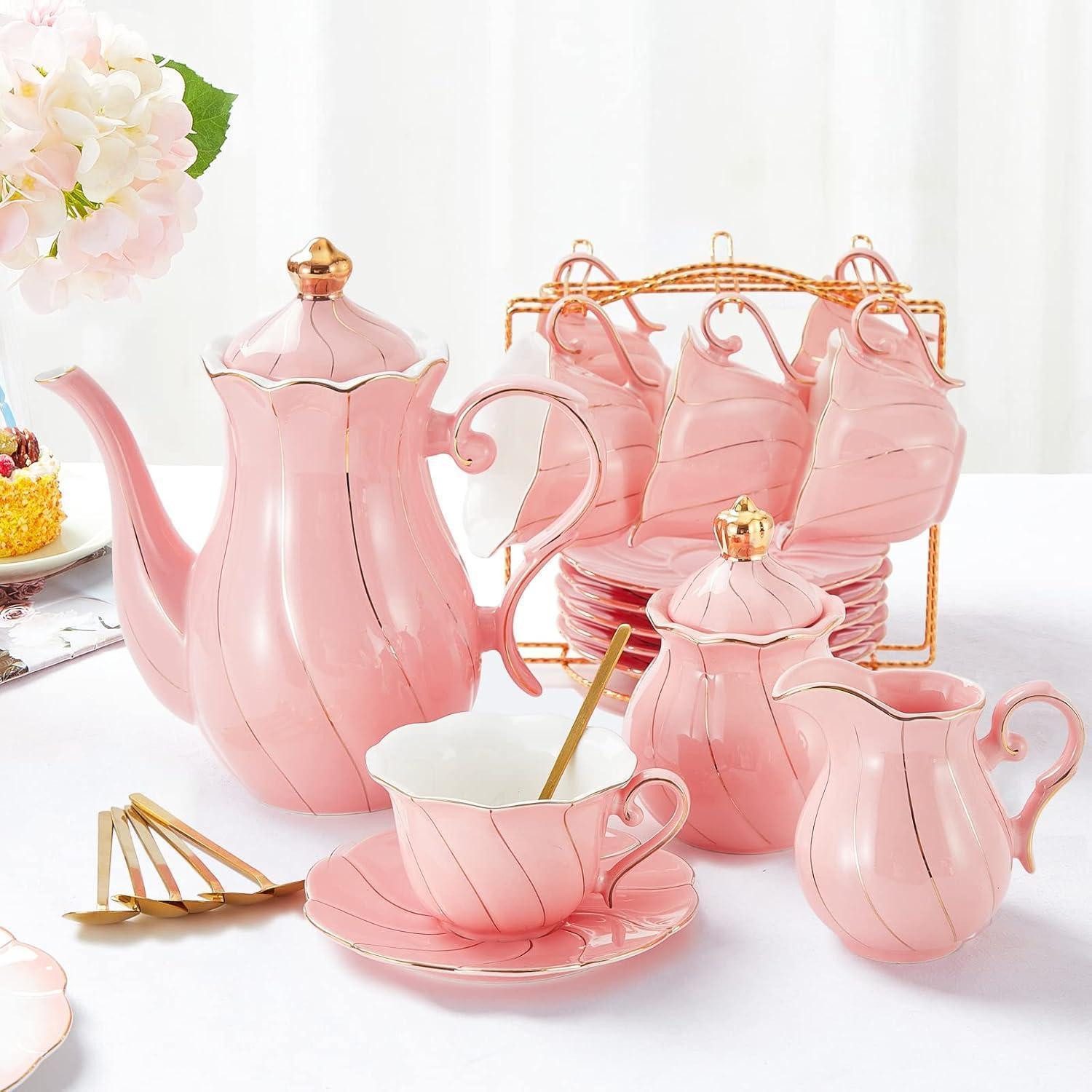 LuxusKollektion Teeservice Teeset Porzellan 22teilig 6er Tassen Goldrand Prinzessin Rosa