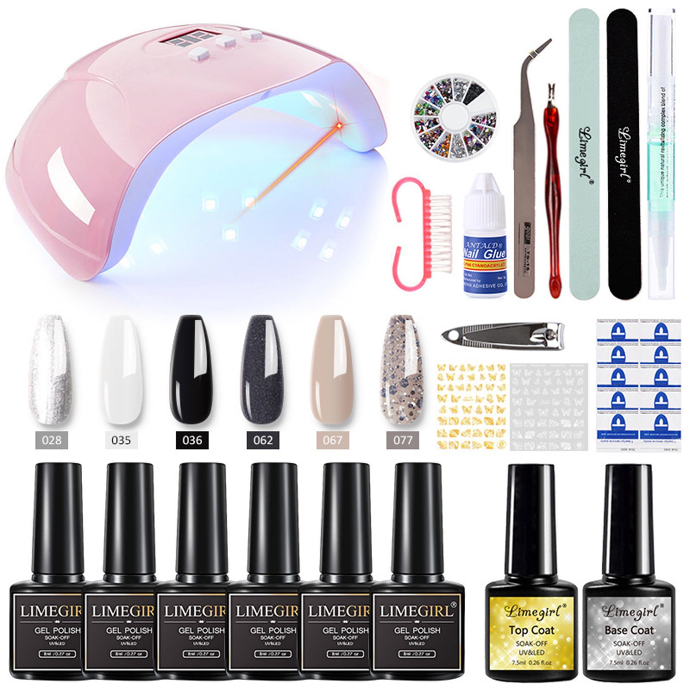 KINSI Lichthärtungsgerät UV-Gel Nagellack Set - 6 Farben inkl. UV-Lampe & Nail Art Dekor, Ideal für French Maniküre & Design