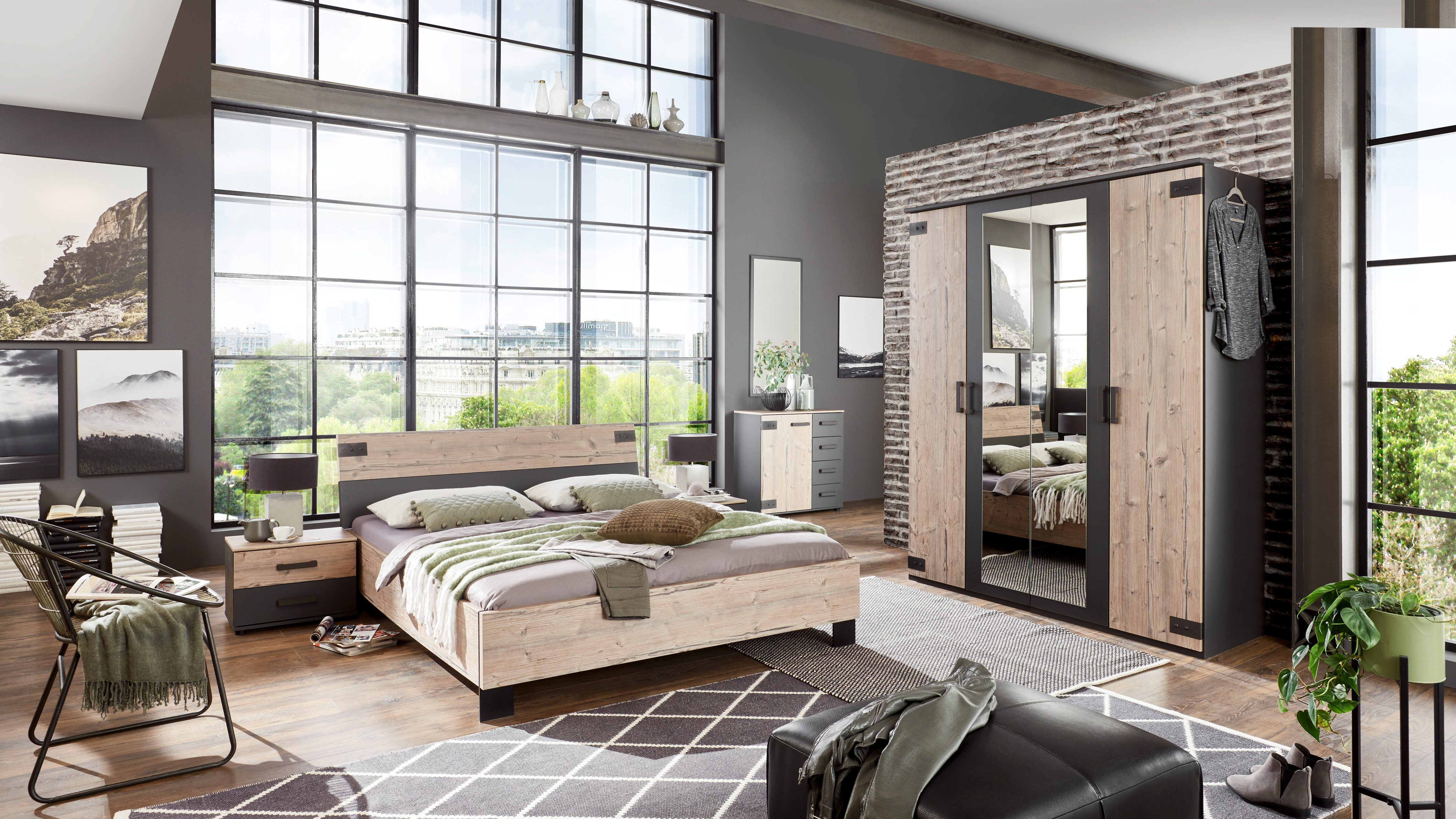 möbel-direkt.de Komplettschlafzimmer Malmö in Silver Fir und Grafit, (Komplett-Set, 5-tlg., in unterschiedlichen Schrankbreiten erhältlich), Made in Germany, mit Spiegel