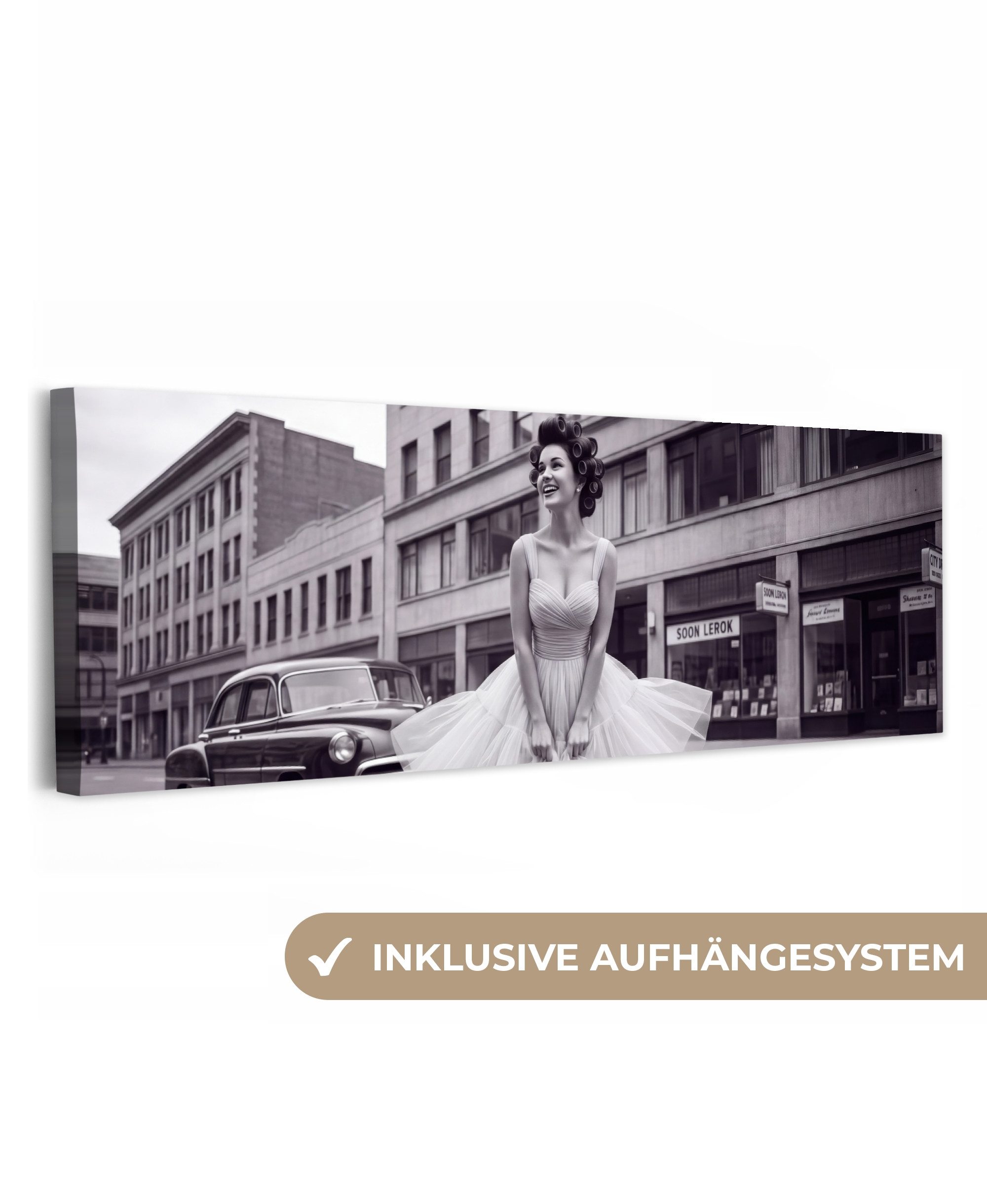 OneMillionCanvasses® Leinwandbild Panorama Retro - Frau - Schwarz - Weiß, Fotodruck (1 St), Wandbild, Deko Schlafzimmer Wohnzimmer Flur 60x20 cm